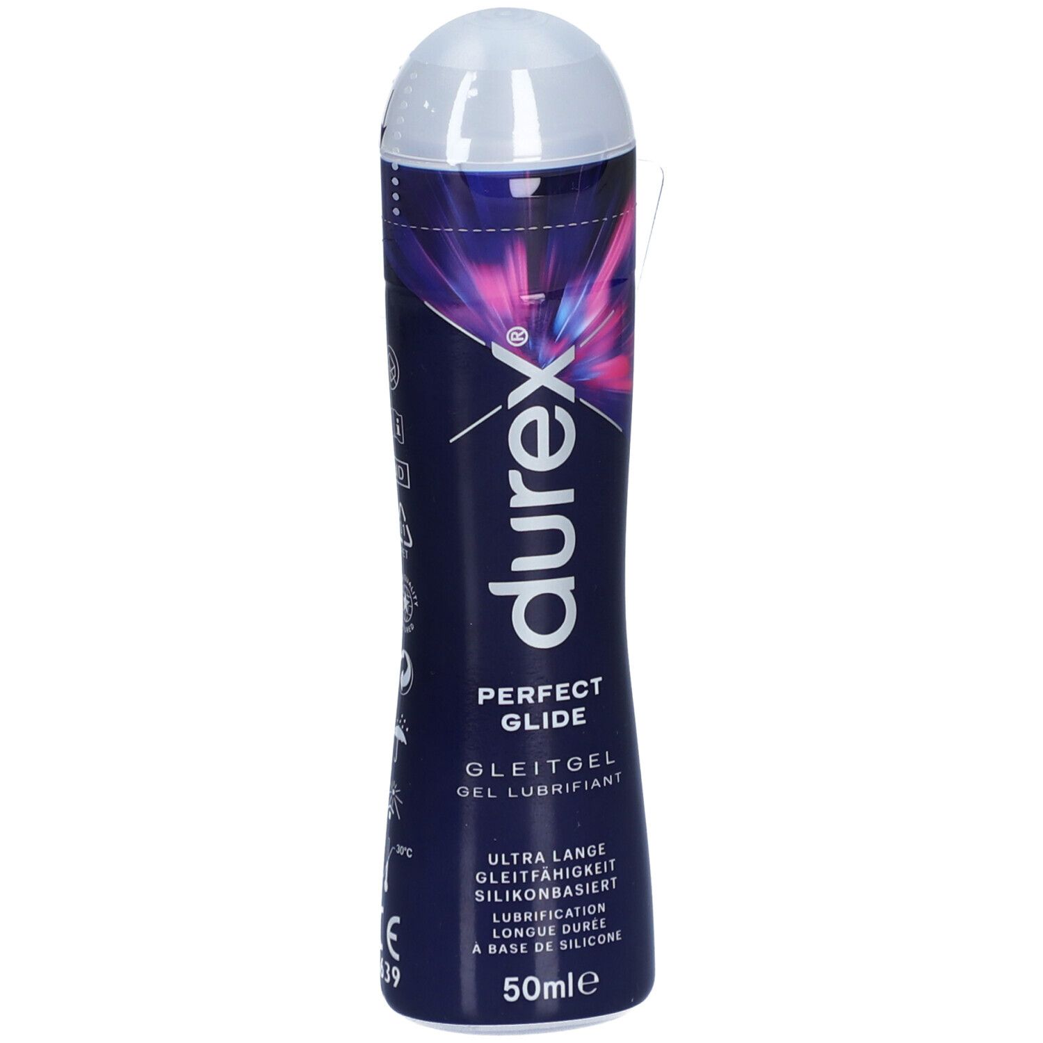 Gel Durex Perfect Glide, flacon à bouchon blanc. Inscription: Perfect Glide, gel lubrifiant, 50ml. Avec dispositif de suspension.