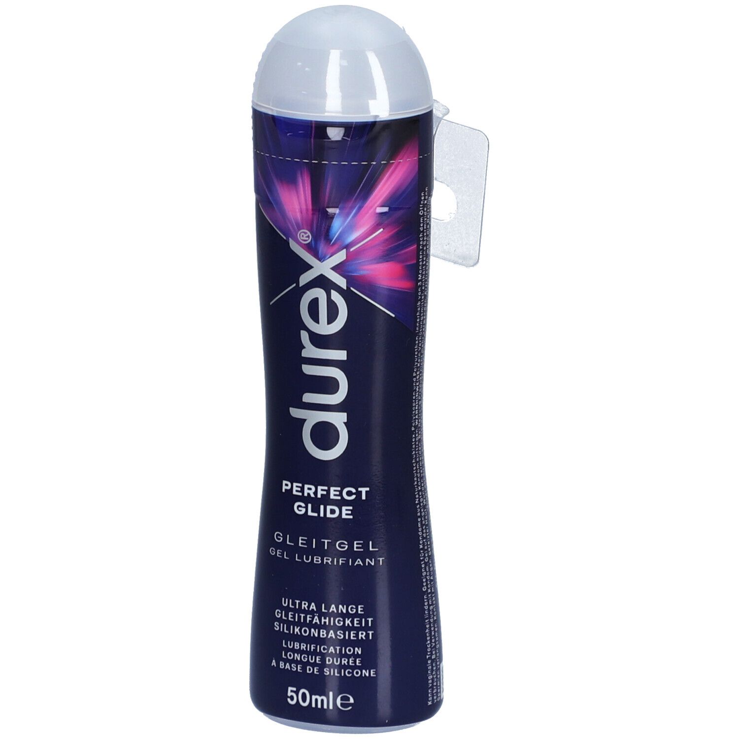 Gel Durex Perfect Glide, flacon à bouchon blanc. Inscription: Perfect Glide, gel lubrifiant, 50ml. Avec dispositif de suspension.