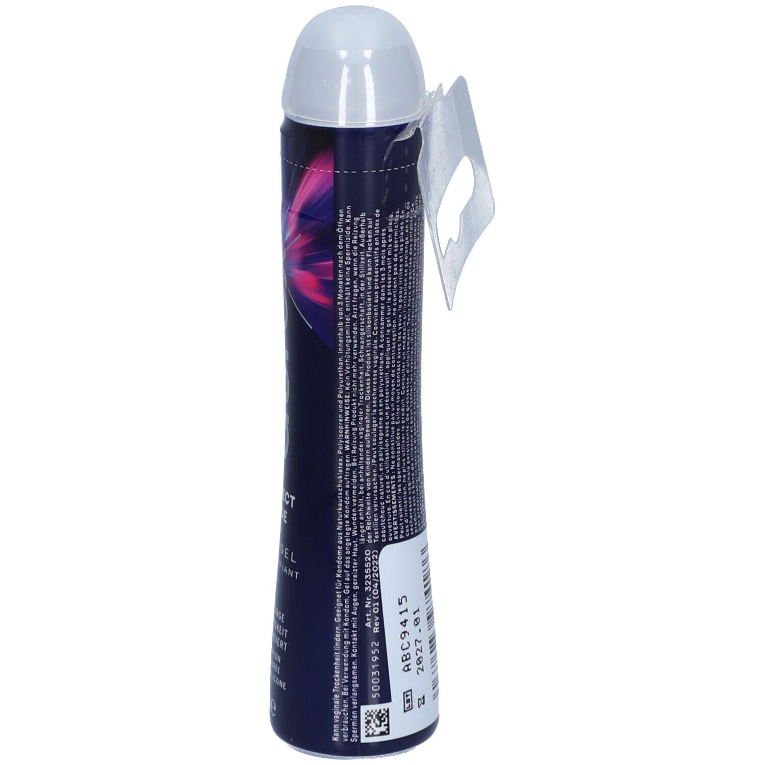 Dos du flacon de gel Durex Perfect Glide. Contient des informations et des symboles. Avec dispositif de suspension.