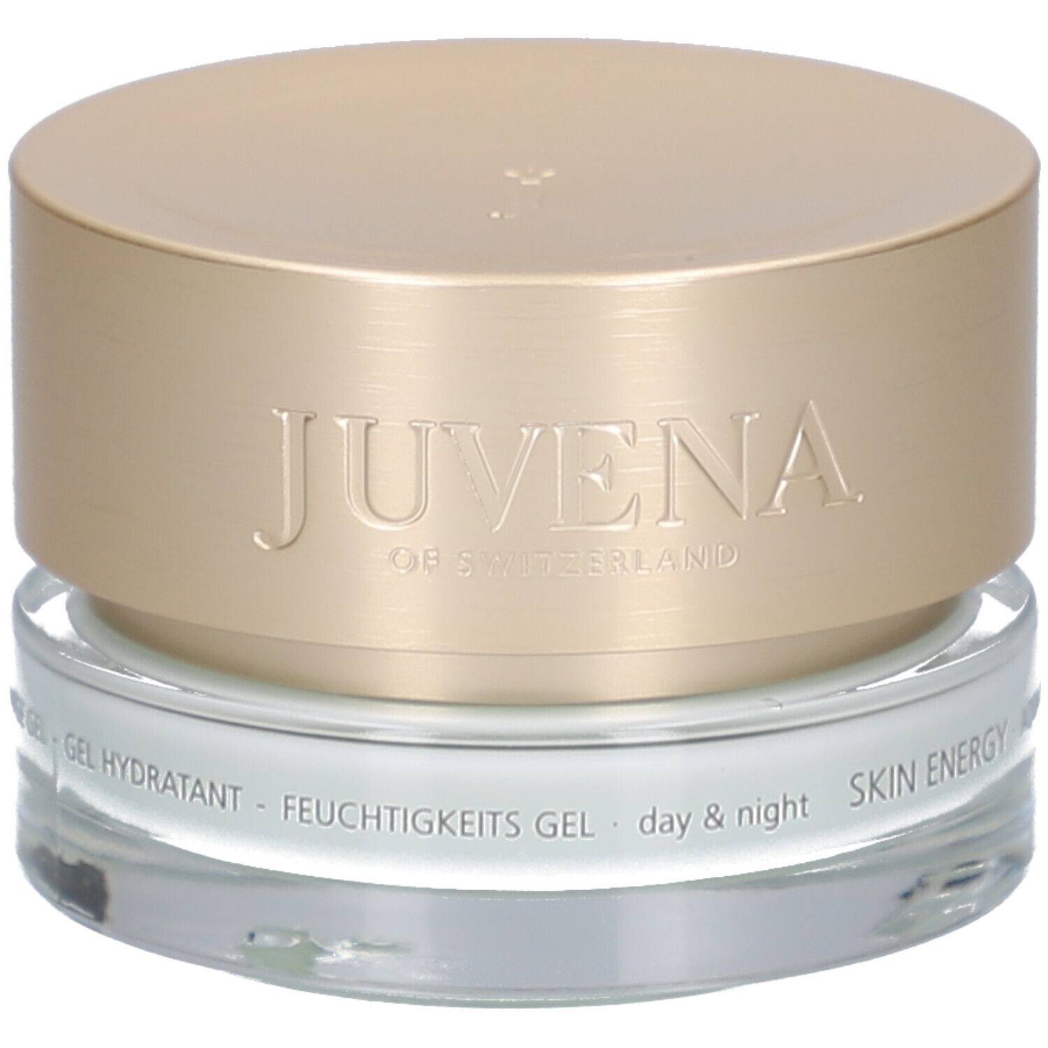Cremebehälter mit goldfarbenem Deckel. Aufschrift: JUVENA OF SWITZERLAND. Text: SKIN ENERGY AQUA RECHARGE GEL.
