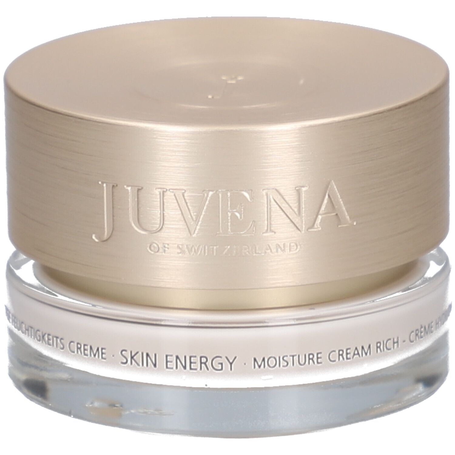 Creme-Tiegel mit goldfarbenem Deckel. Aufschrift: Juvena of Switzerland, Skin Energy, Moisture Cream Rich.