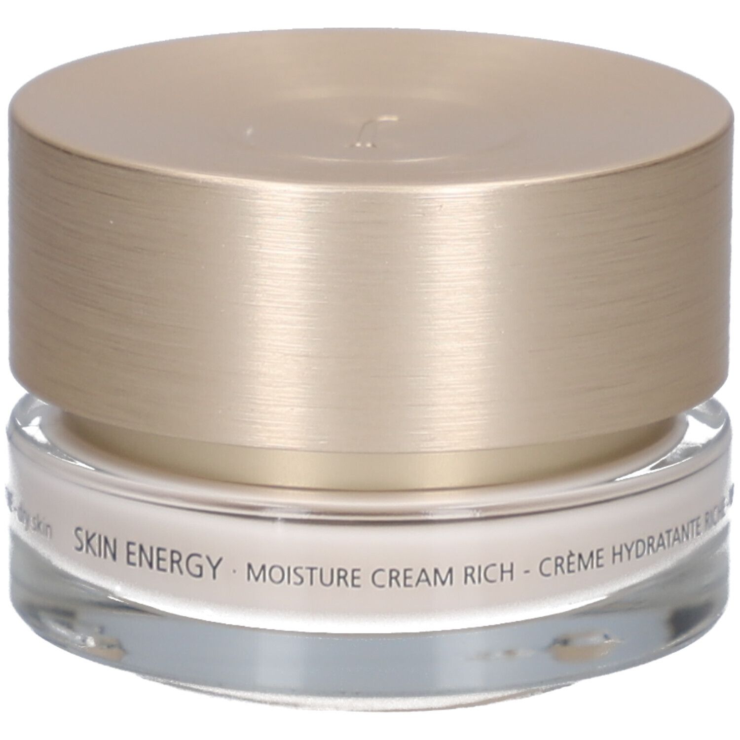 Creme-Tiegel mit goldfarbenem Deckel. Aufschrift: Juvena of Switzerland, Skin Energy, Moisture Cream Rich.