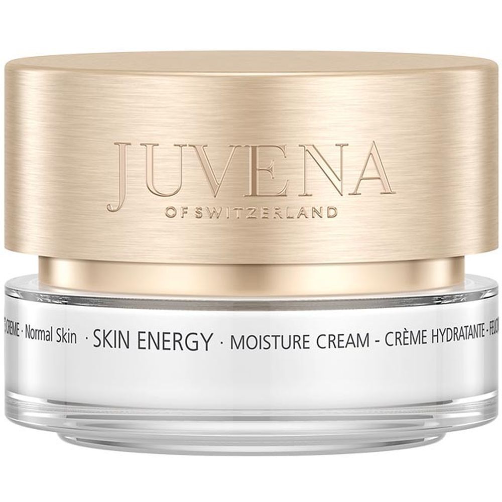 Creme-Tiegel mit goldfarbenem Deckel. Aufschrift: JUVENA OF SWITZERLAND. Text: SKIN ENERGY MOISTURE CREAM.