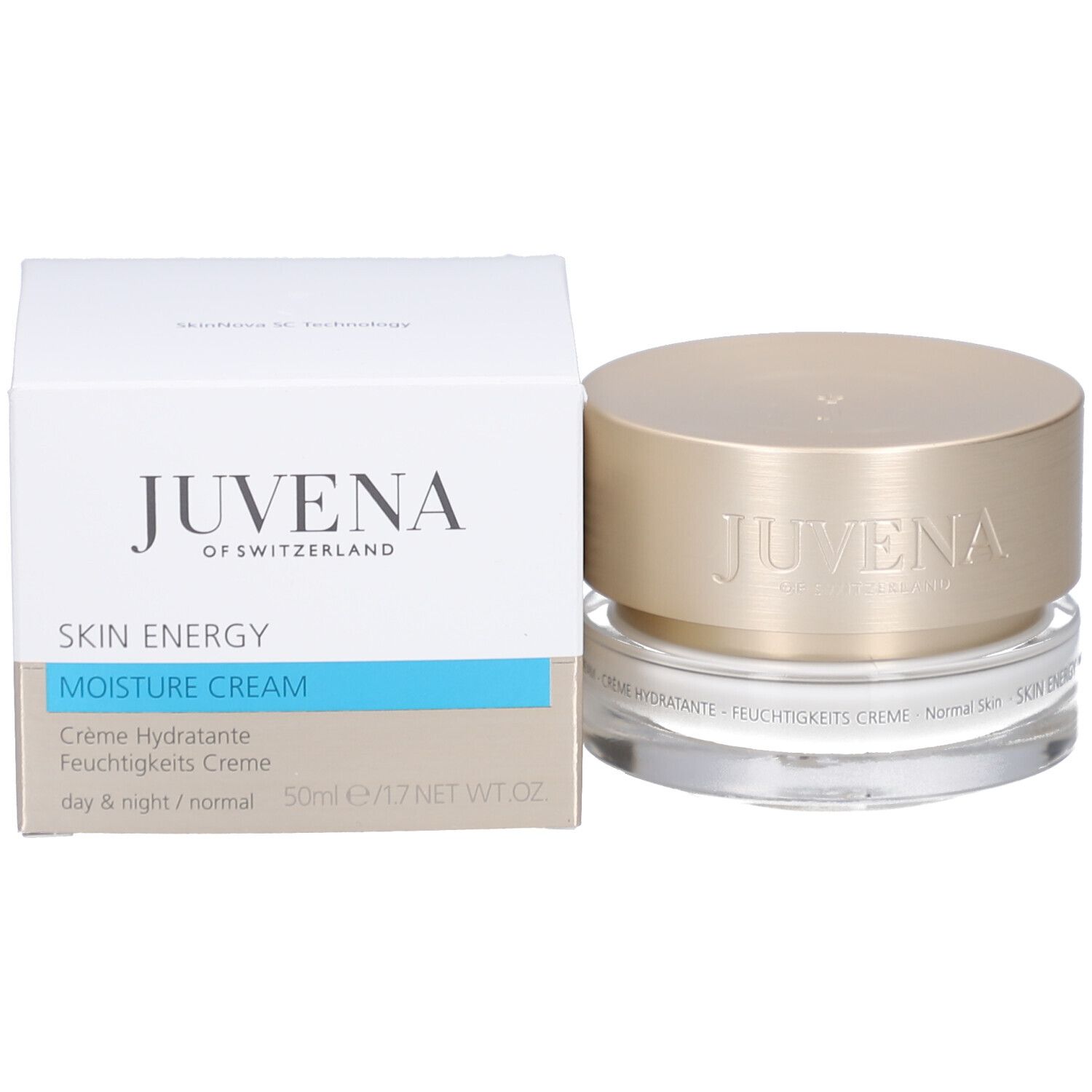 Creme-Tiegel und Verpackung. Auf der Verpackung steht "JUVENA OF SWITZERLAND" und "SKIN ENERGY".