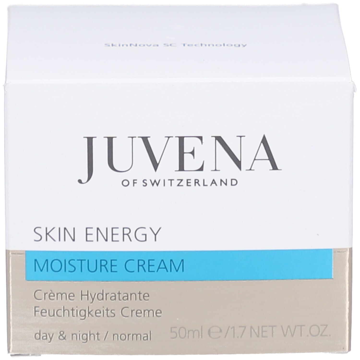 Verpackung mit "JUVENA OF SWITZERLAND" und "SKIN ENERGY". Blaue und weiße Farbgebung.