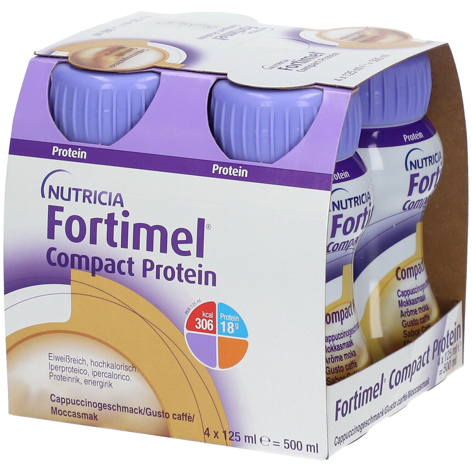 Packung mit vier Flaschen Fortimel Compact Protein. Lila Deckel, braune Verpackung. Aufdrucke: Nutricia, Cappuccinogeschmack.