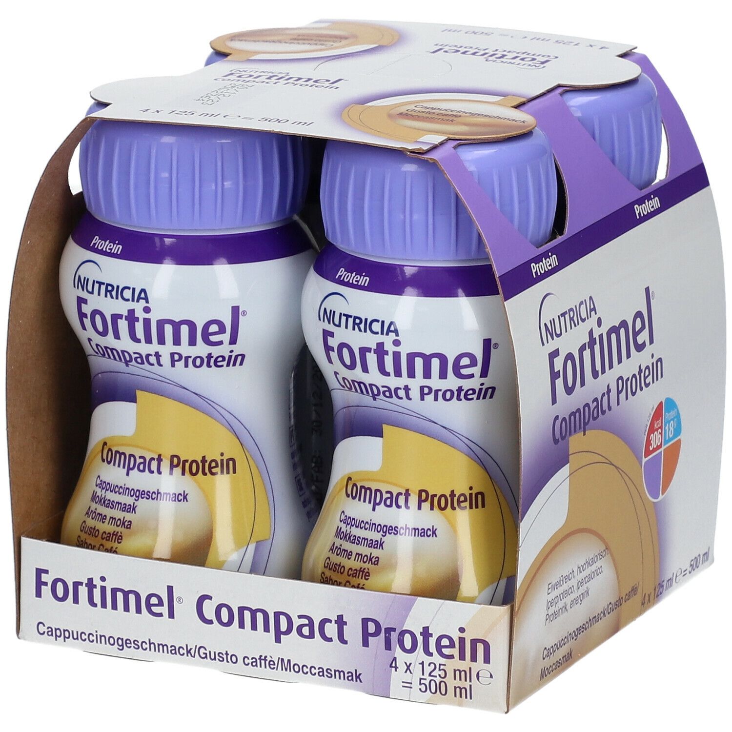 Packung mit vier Flaschen Fortimel Compact Protein. Lila Deckel, braune Verpackung. Aufdrucke: Nutricia, Cappuccinogeschmack.