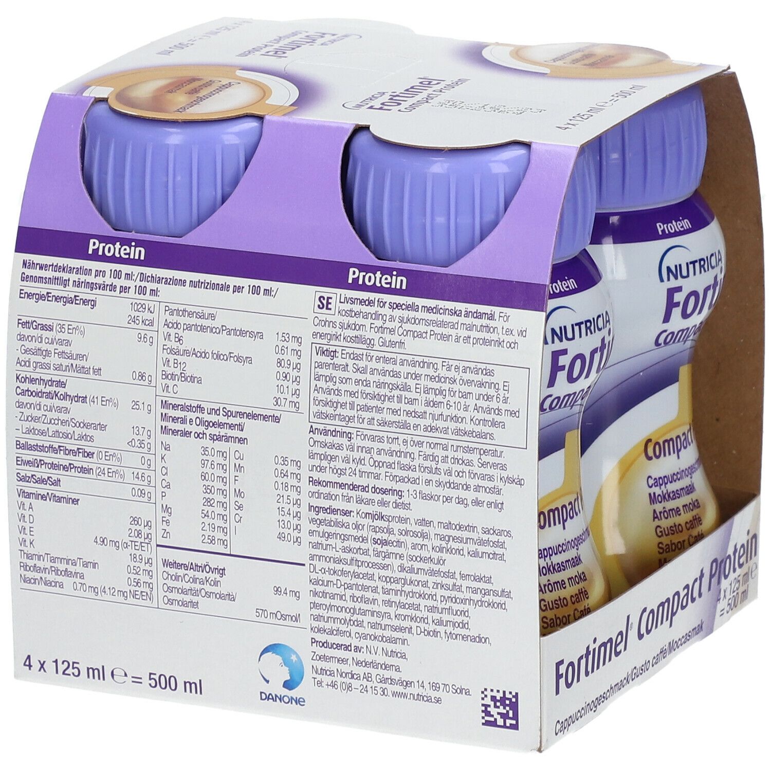 Packung mit vier Flaschen Fortimel Compact Protein. Lila Deckel, braune Verpackung. Aufdrucke: Nutricia, Cappuccinogeschmack, Nährwertangaben.