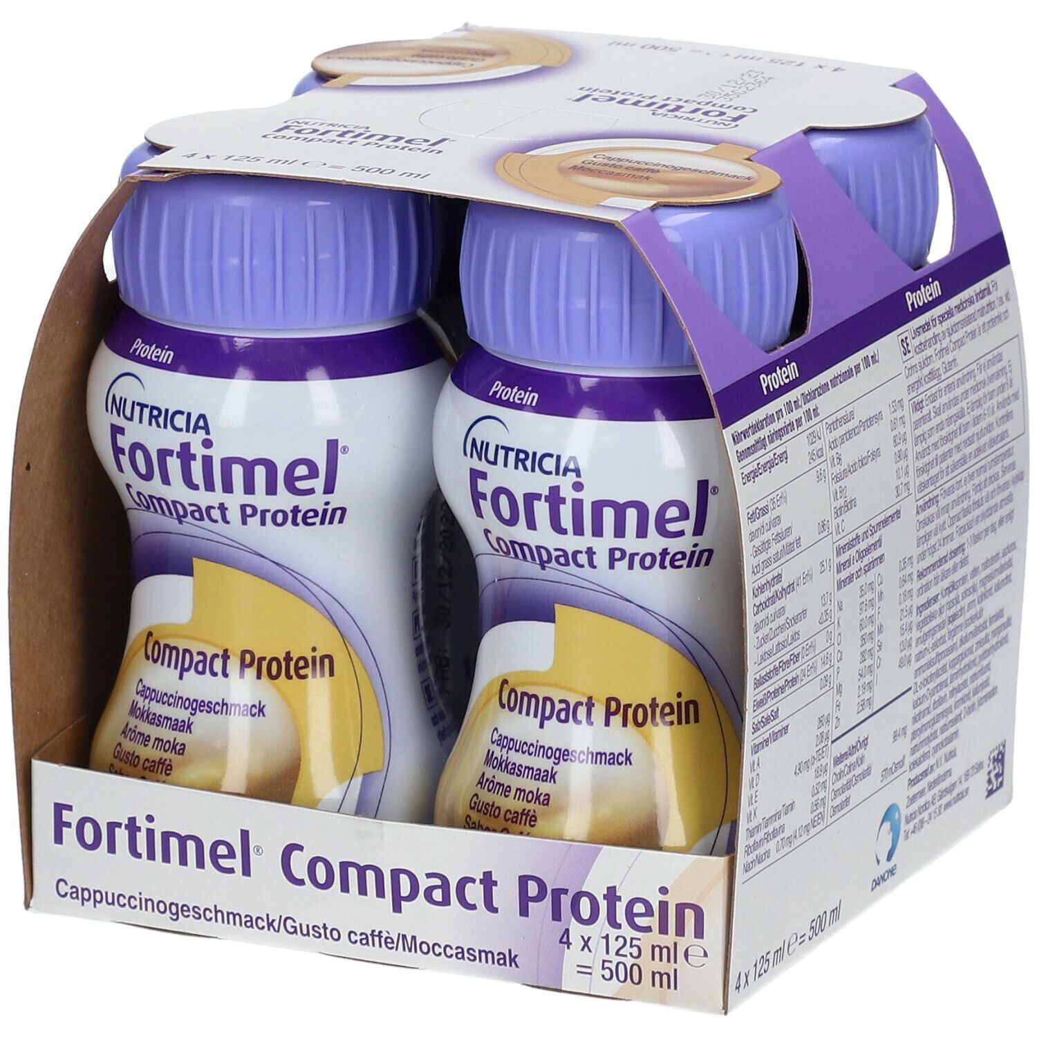 Packung mit vier Flaschen Fortimel Compact Protein. Lila Deckel, braune Verpackung. Aufdrucke: Nutricia, Cappuccinogeschmack.