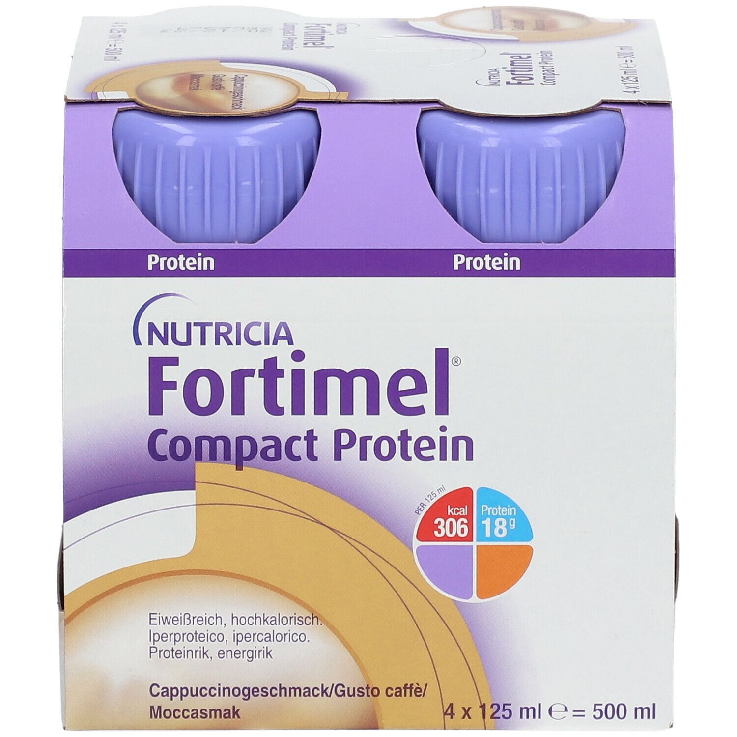 Packung mit zwei Flaschen Fortimel Compact Protein. Lila Deckel, braune Verpackung. Aufdrucke: Nutricia, Cappuccinogeschmack.