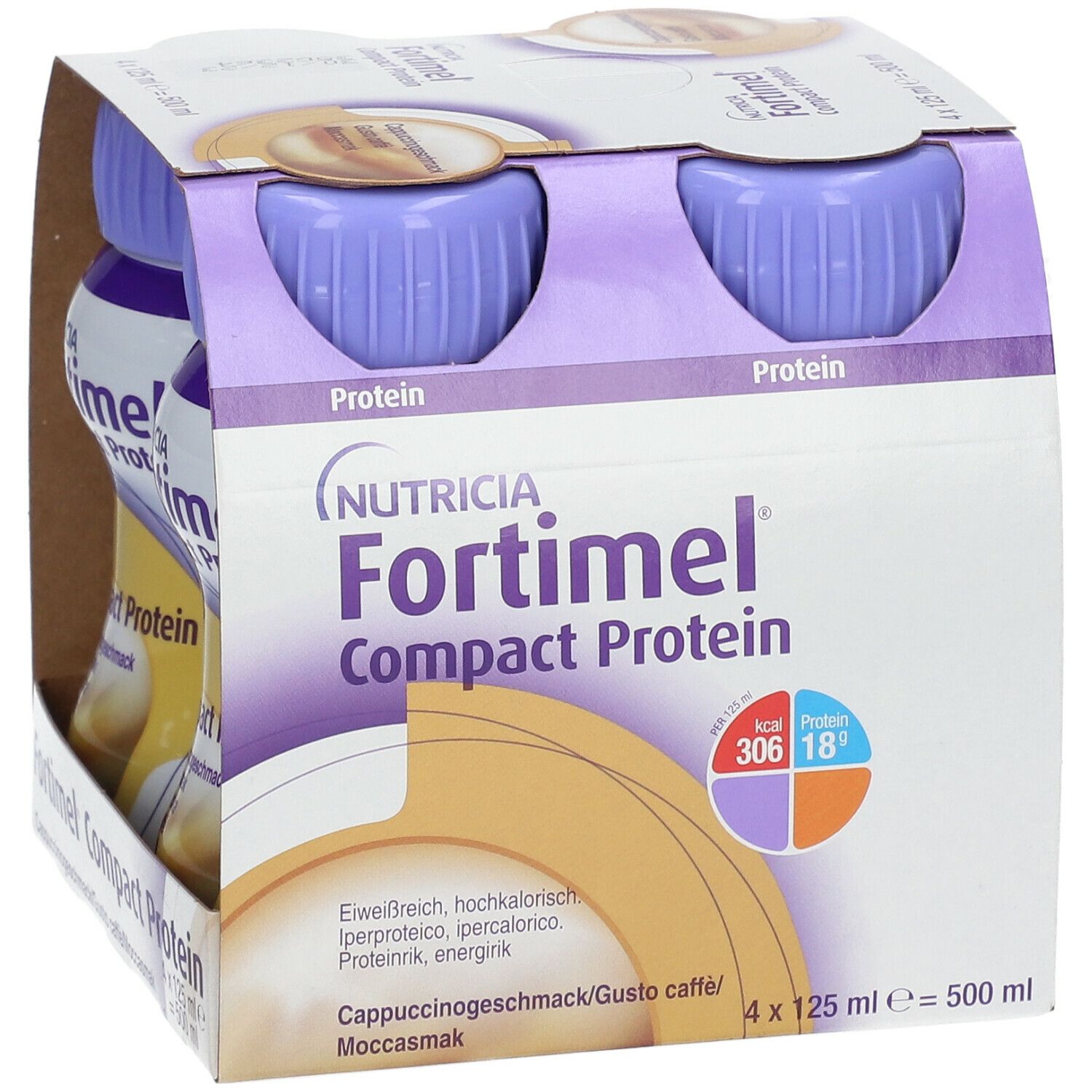 Packung mit zwei Flaschen Fortimel Compact Protein. Lila Deckel, braune Verpackung. Aufdrucke: Nutricia, Cappuccinogeschmack.