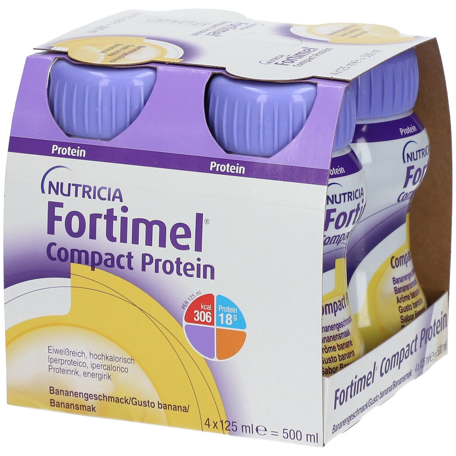 Packung mit vier Flaschen Fortimel Compact Protein Banane. Jede Flasche hat einen lila Deckel. Aufdrucke: Nutricia, Protein, Bananengeschmack.