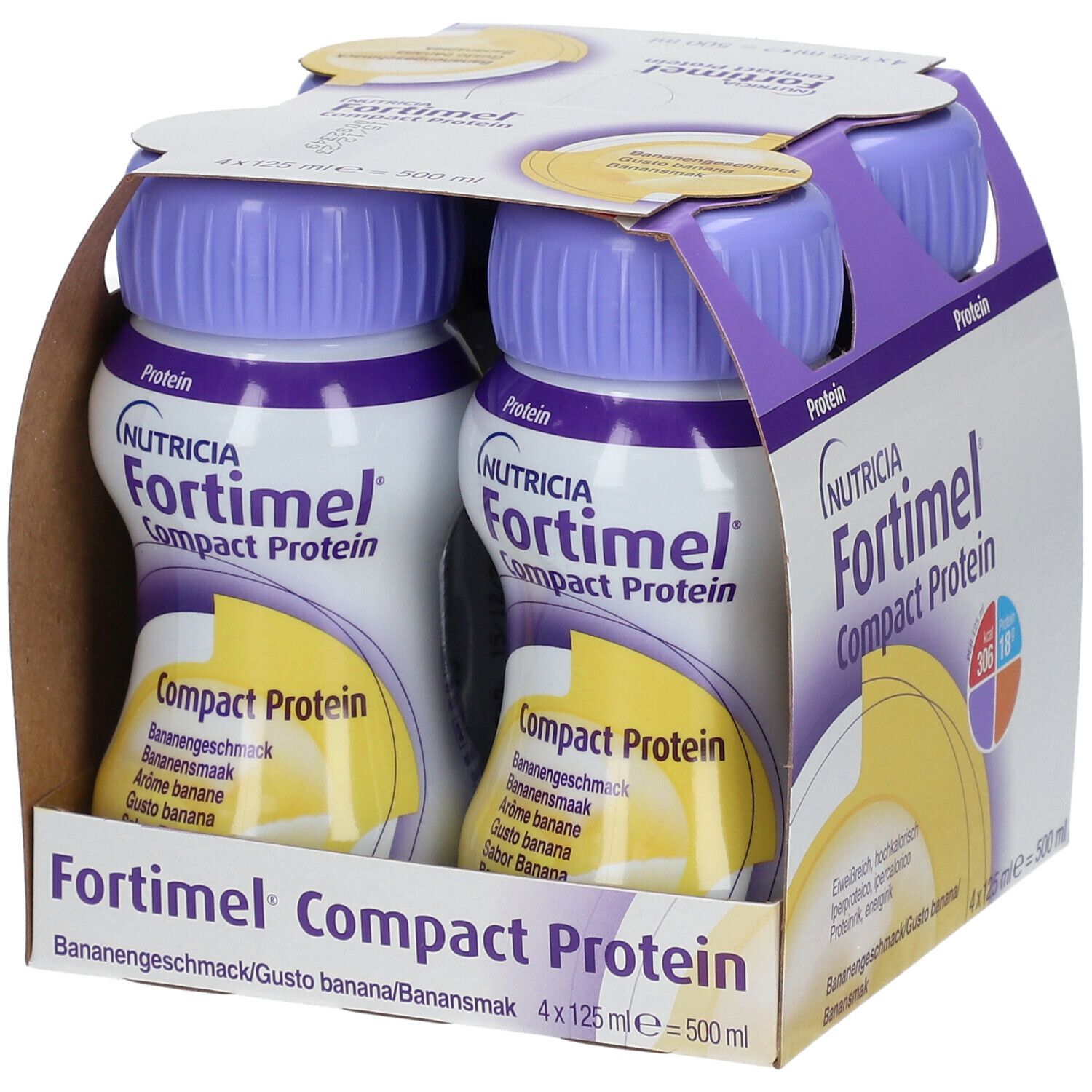 Packung mit zwei Flaschen Fortimel Compact Protein Banane. Lila Deckel. Aufdrucke: Nutricia, Protein, Bananengeschmack. 4x125ml.