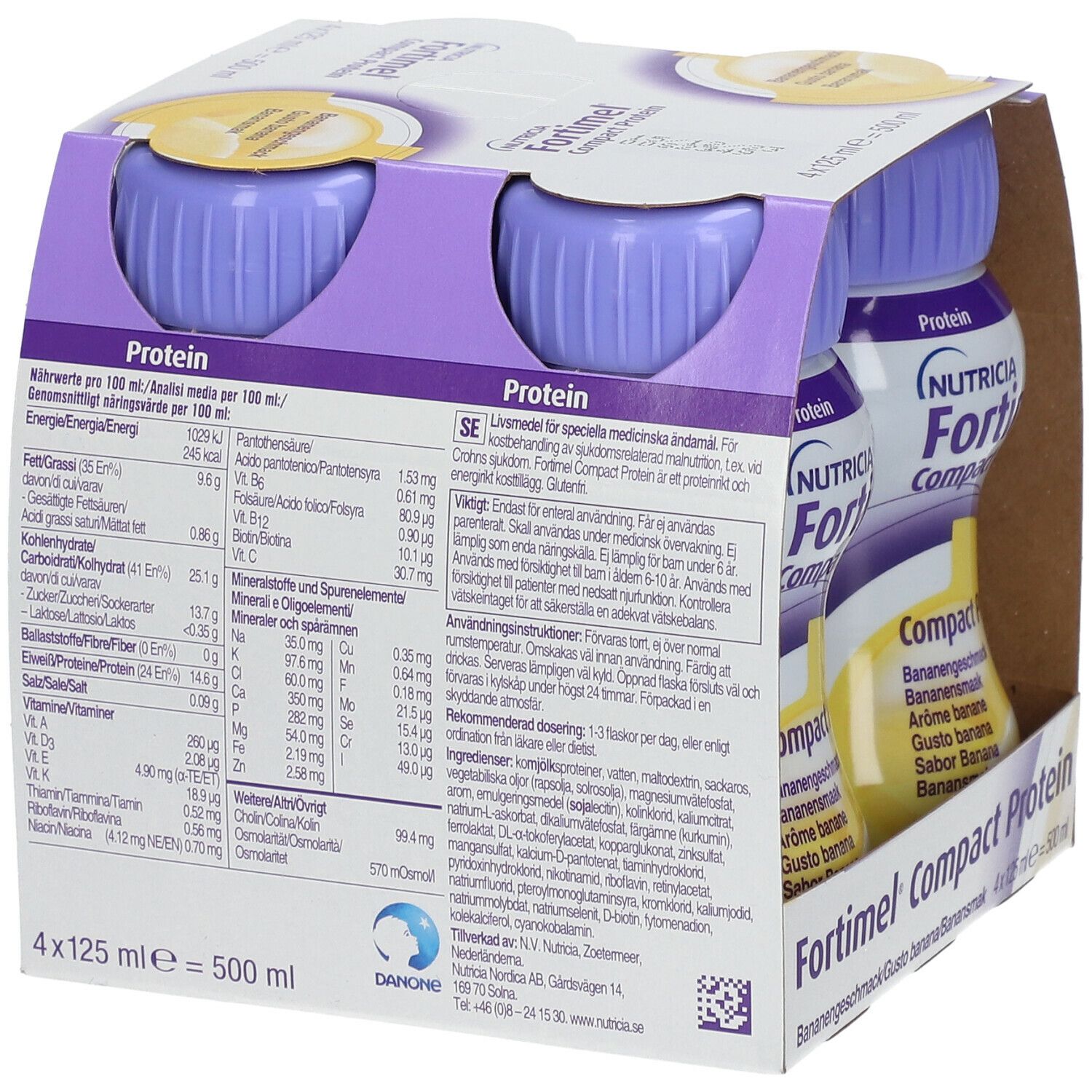 Packung mit vier Flaschen Fortimel Compact Protein Banane. Lila Deckel. Aufdrucke: Nutricia, Protein, Bananengeschmack. Nährwertangaben.