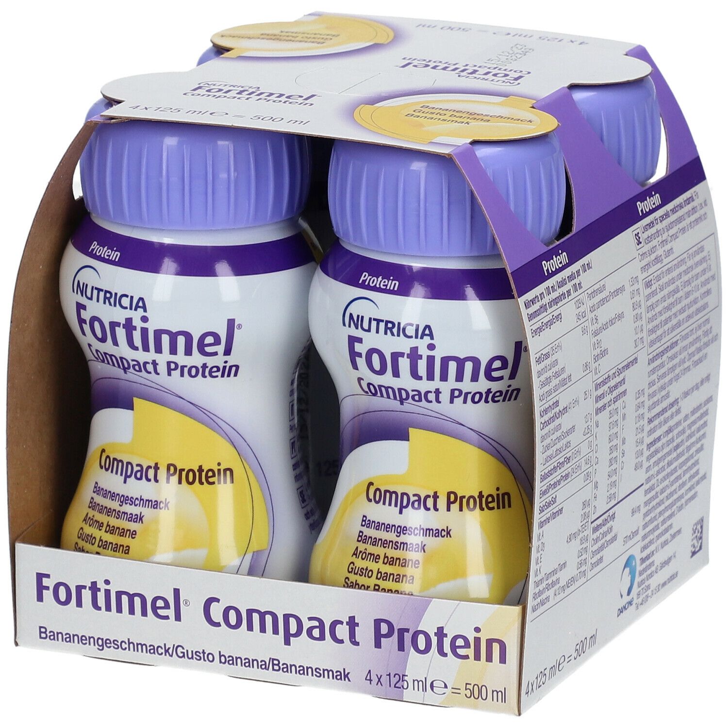 Packung mit zwei Flaschen Fortimel Compact Protein Banane. Lila Deckel. Aufdrucke: Nutricia, Protein, Bananengeschmack. 4x125ml.