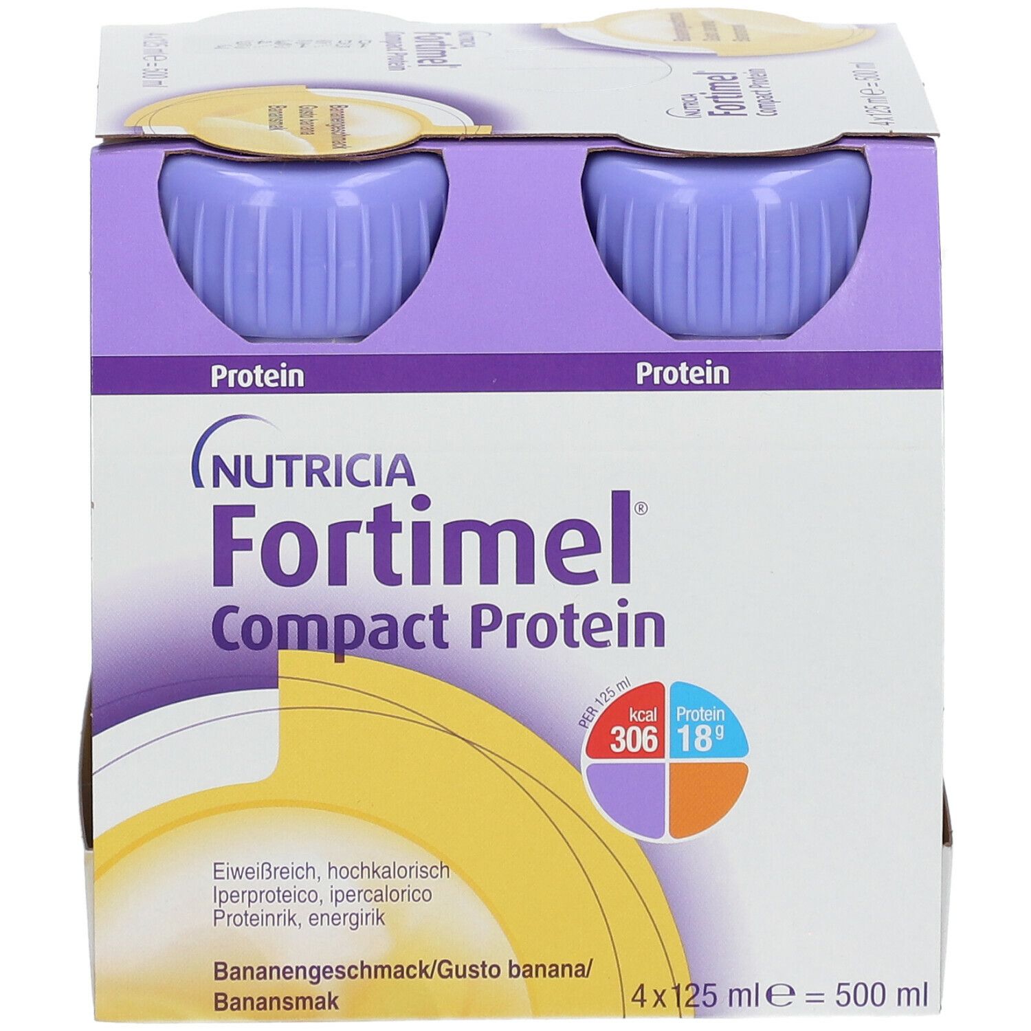 Packung mit zwei Flaschen Fortimel Compact Protein Banane. Lila Deckel. Aufdrucke: Nutricia, Protein, Bananengeschmack. 4x125ml.