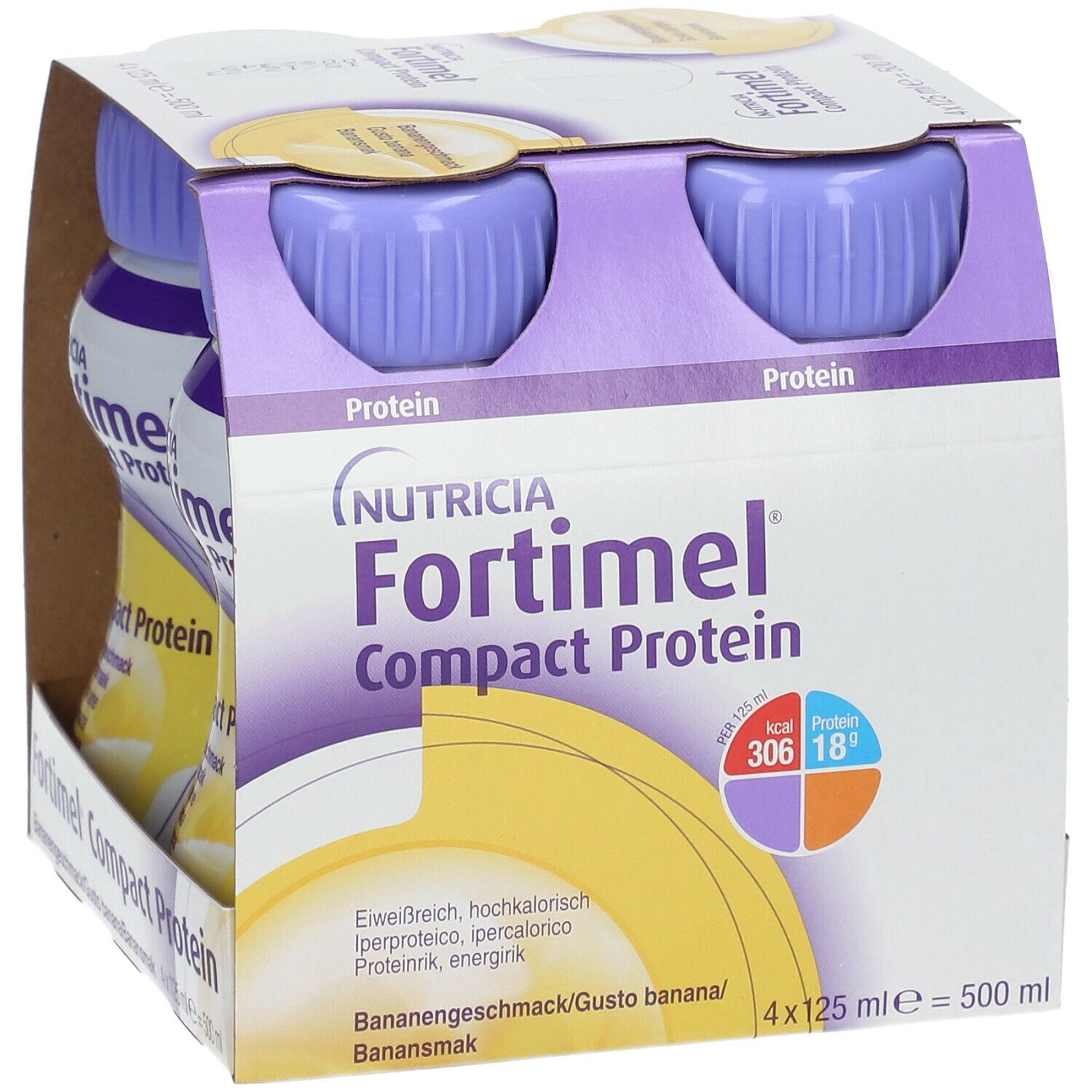 Packung mit zwei Flaschen Fortimel Compact Protein Banane. Lila Deckel. Aufdrucke: Nutricia, Protein, Bananengeschmack. 4x125ml.