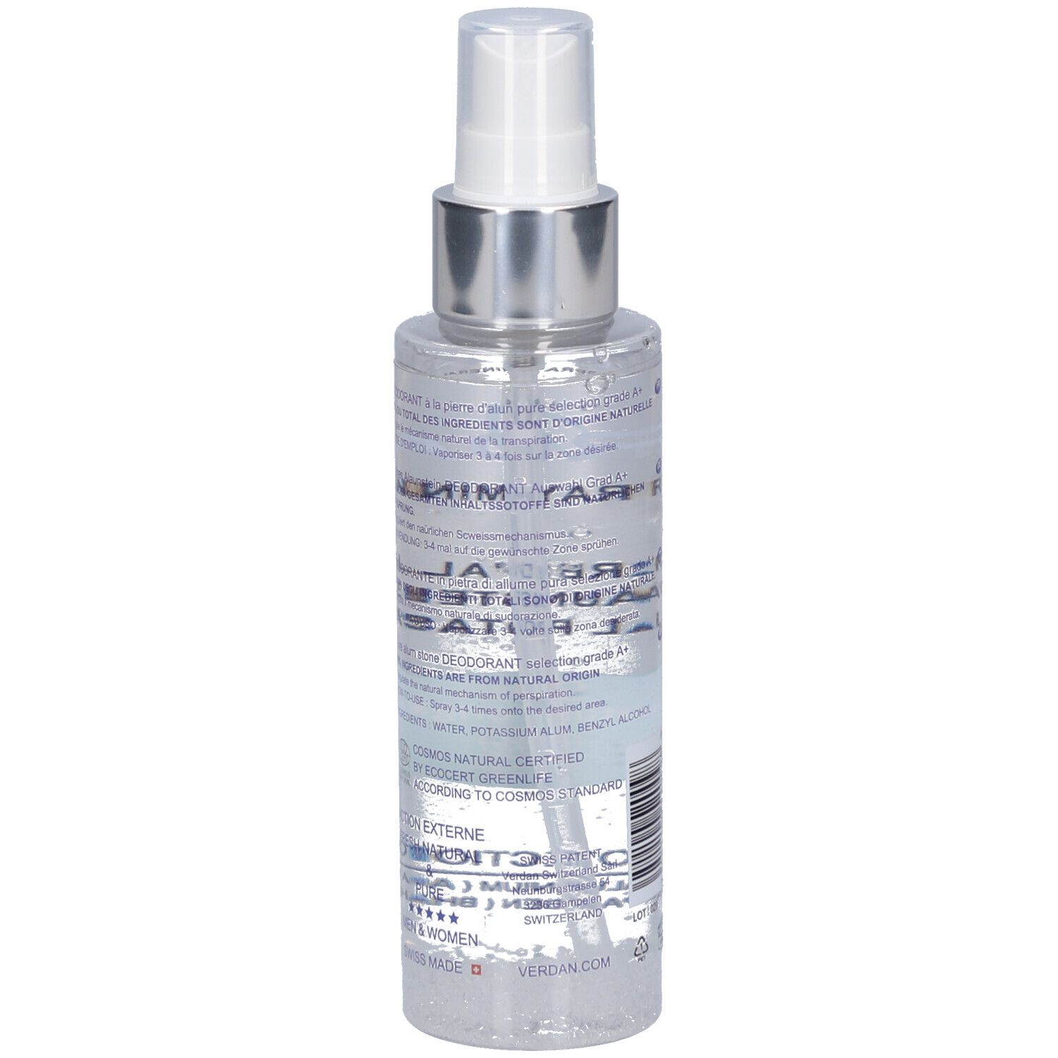 Deospray-Flasche, Rückansicht. Textliche Informationen. Transparente Flüssigkeit. Silberner Sprühkopf. Ecocert-Siegel.