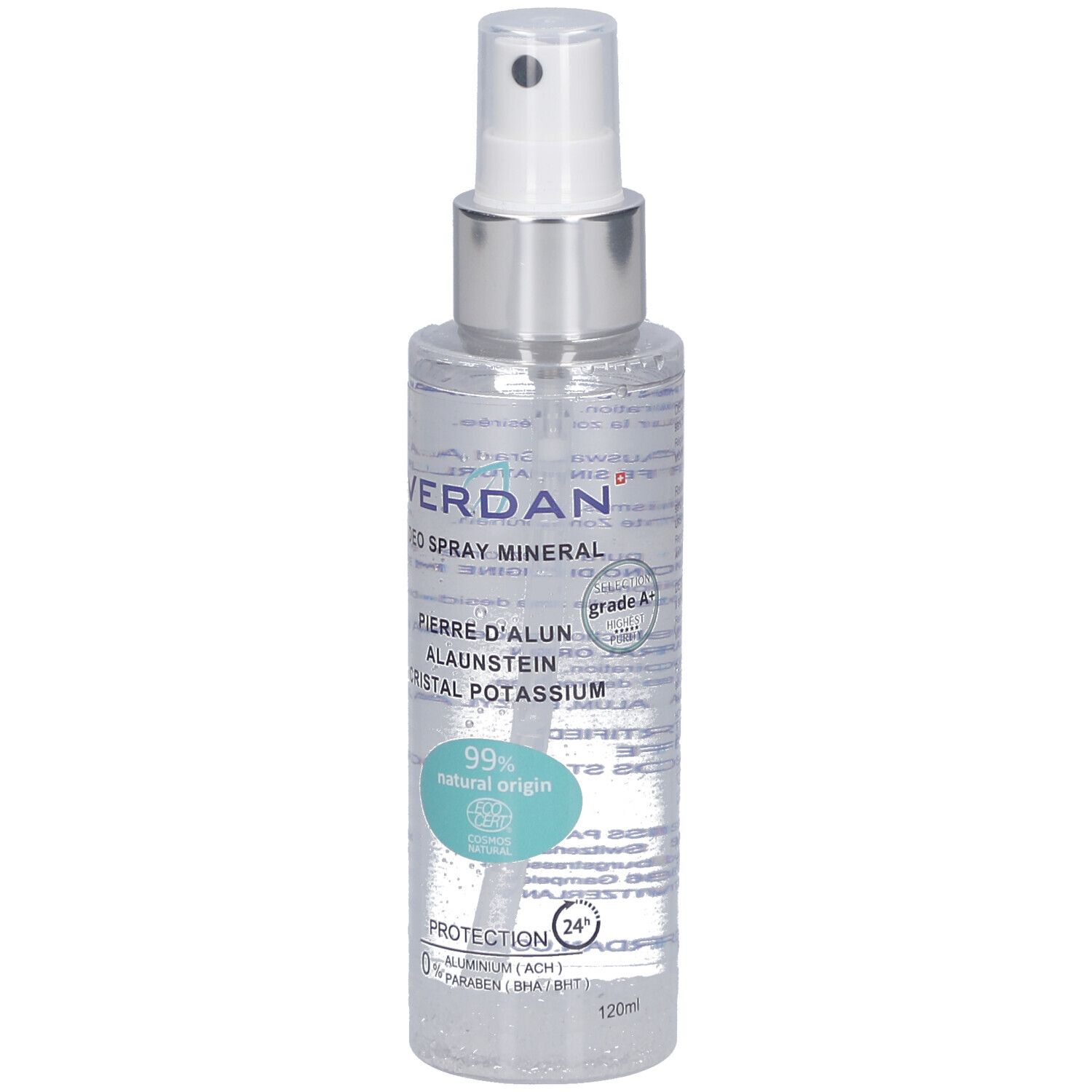 Deospray mit Sprühkopf. Aufschrift: VERDAN, DEO SPRAY MINERAL, PIERRE D'ALUN, CRISTAL POTASSIUM. 99% natürlicher Ursprung. Ecocert-Siegel.