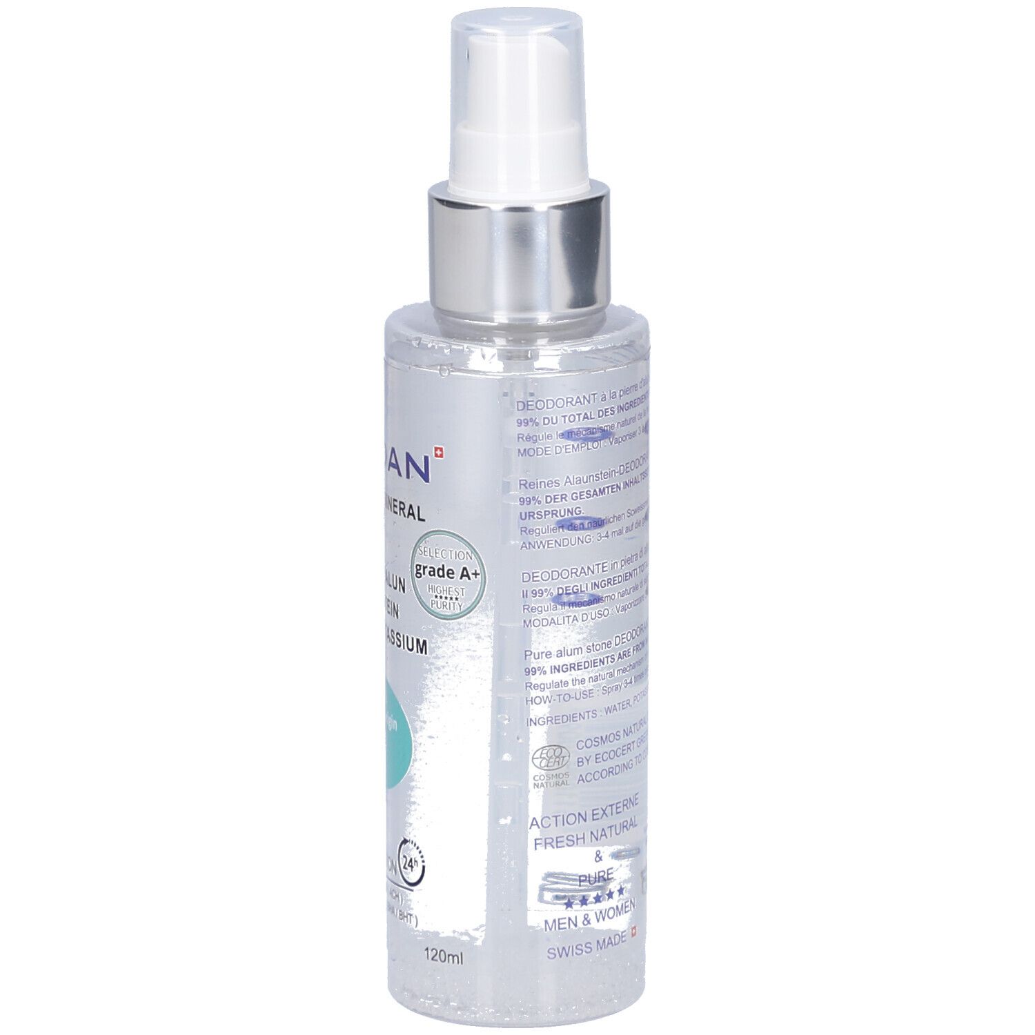 Deospray-Flasche, Rückansicht. Textliche Informationen. Transparente Flüssigkeit. Silberner Sprühkopf. Ecocert-Siegel.