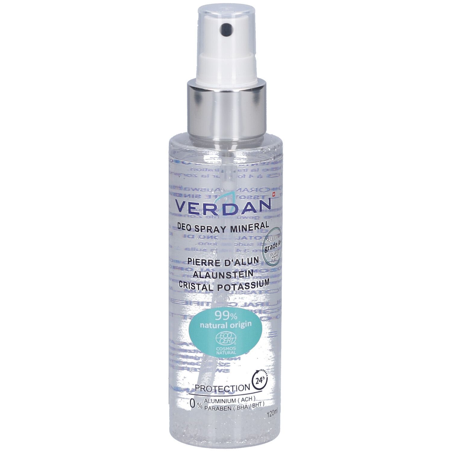 Deospray mit Sprühkopf. Aufschrift: VERDAN, DEO SPRAY MINERAL, PIERRE D'ALUN, CRISTAL POTASSIUM. 99% natürlicher Ursprung. Ecocert-Siegel.