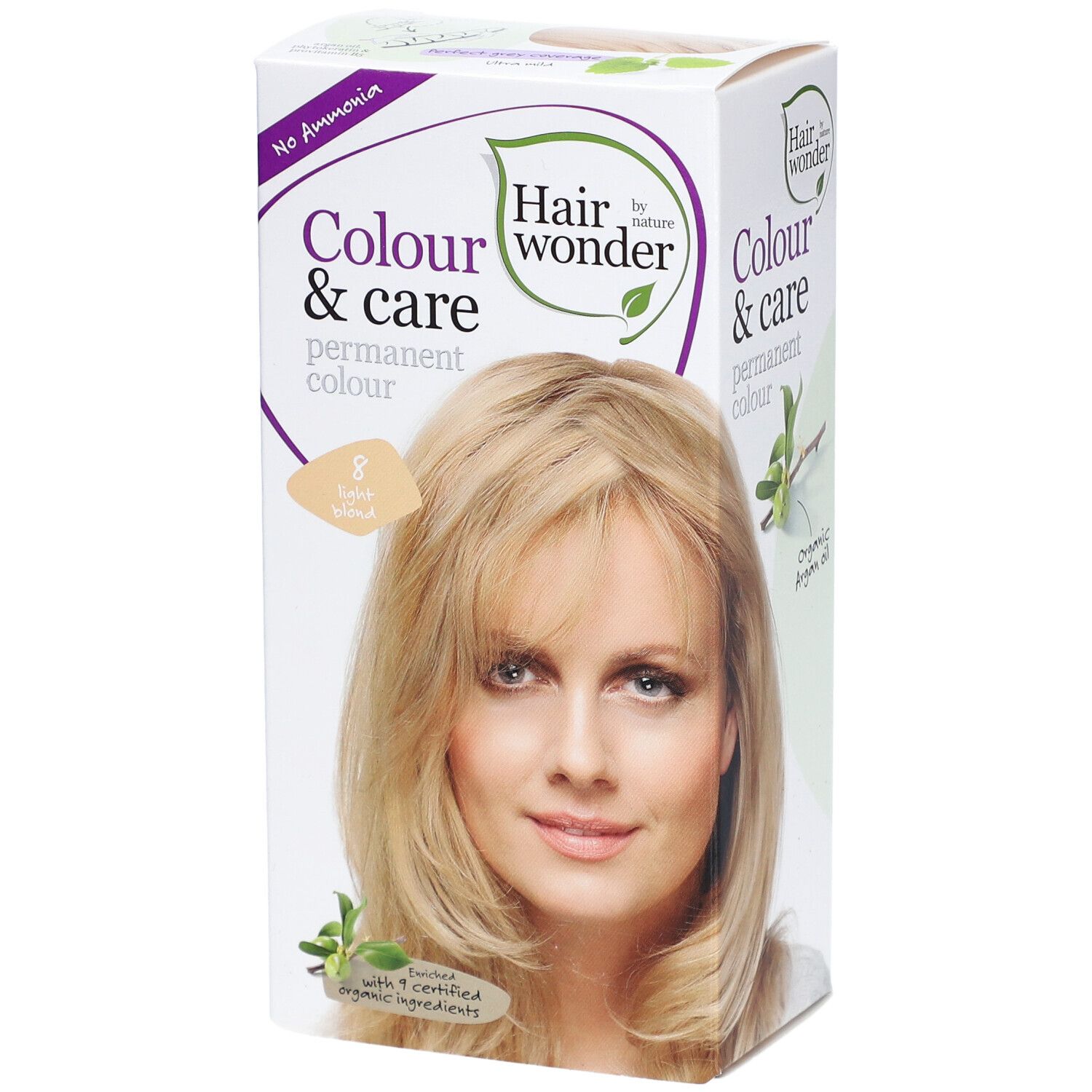 Haarfärbemittel-Verpackung. Aufdruck: Colour & Care, permanente Farbe, 8 hellblond. Abbildung einer Frau mit blondem Haar.