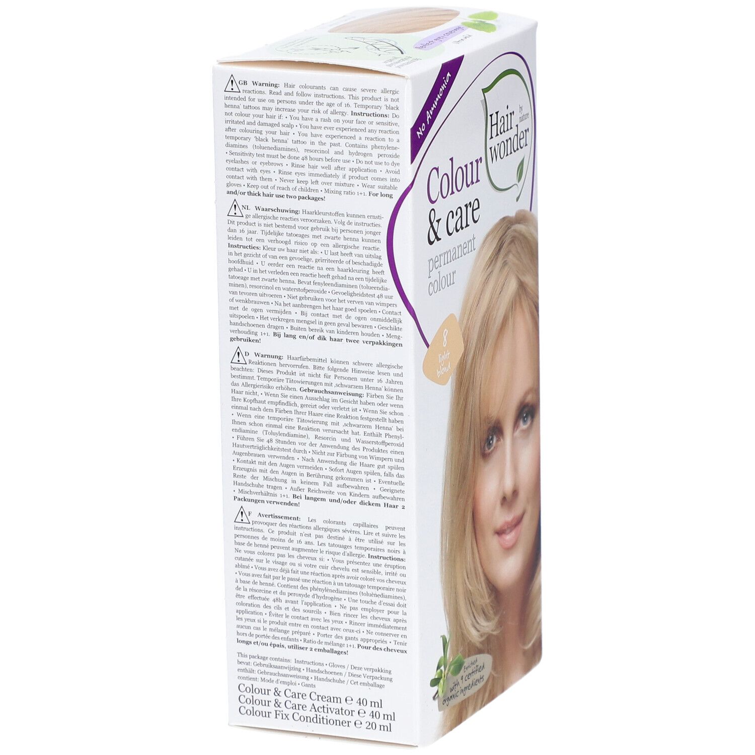Haarfärbemittel-Verpackung. Seitenansicht mit Text. Aufdruck: Colour & Care, permanente Farbe. Abbildung einer Frau mit blondem Haar.