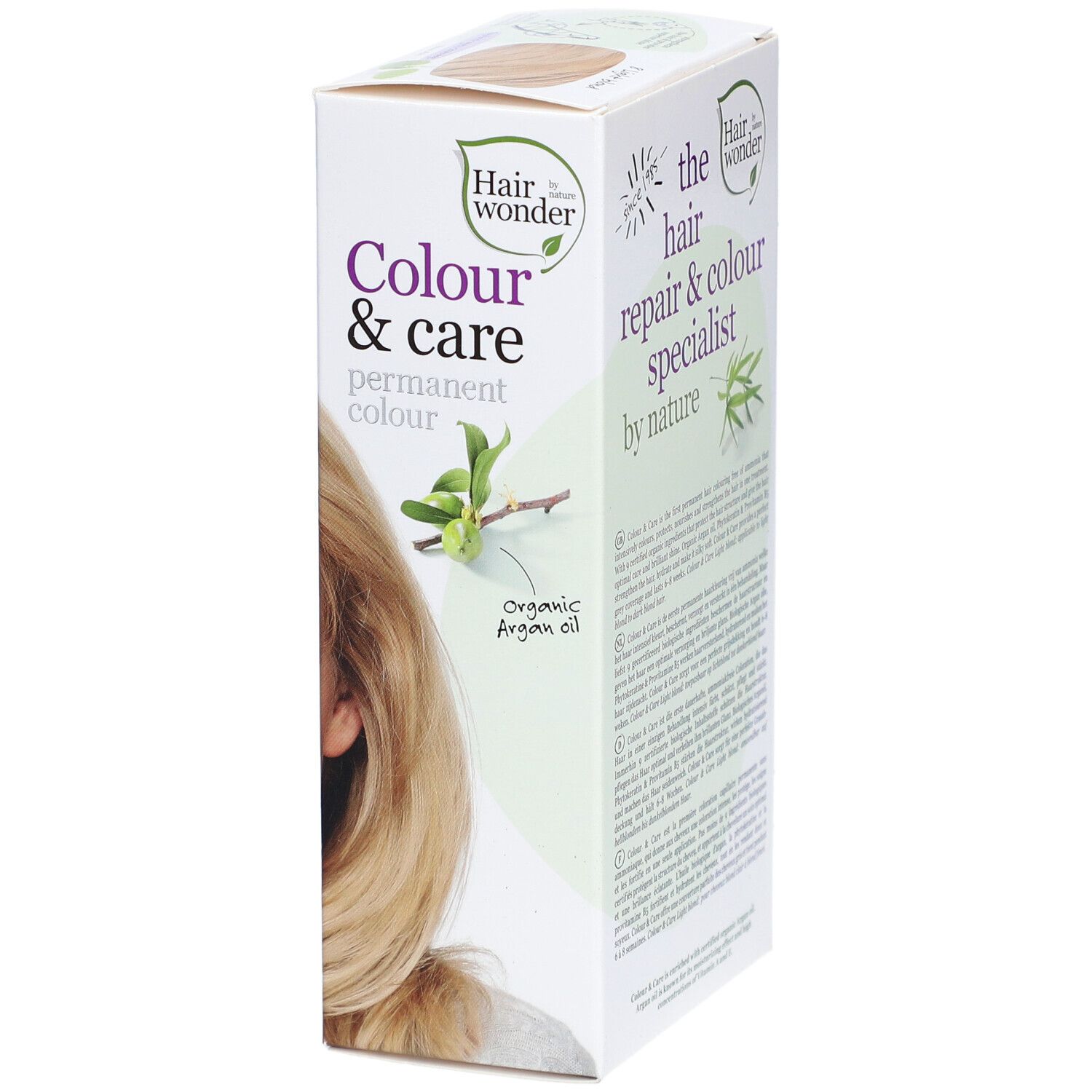 Haarfärbemittel-Verpackung. Aufdruck: Colour & Care, permanente Farbe. Logo und Text. Seitenansicht.
