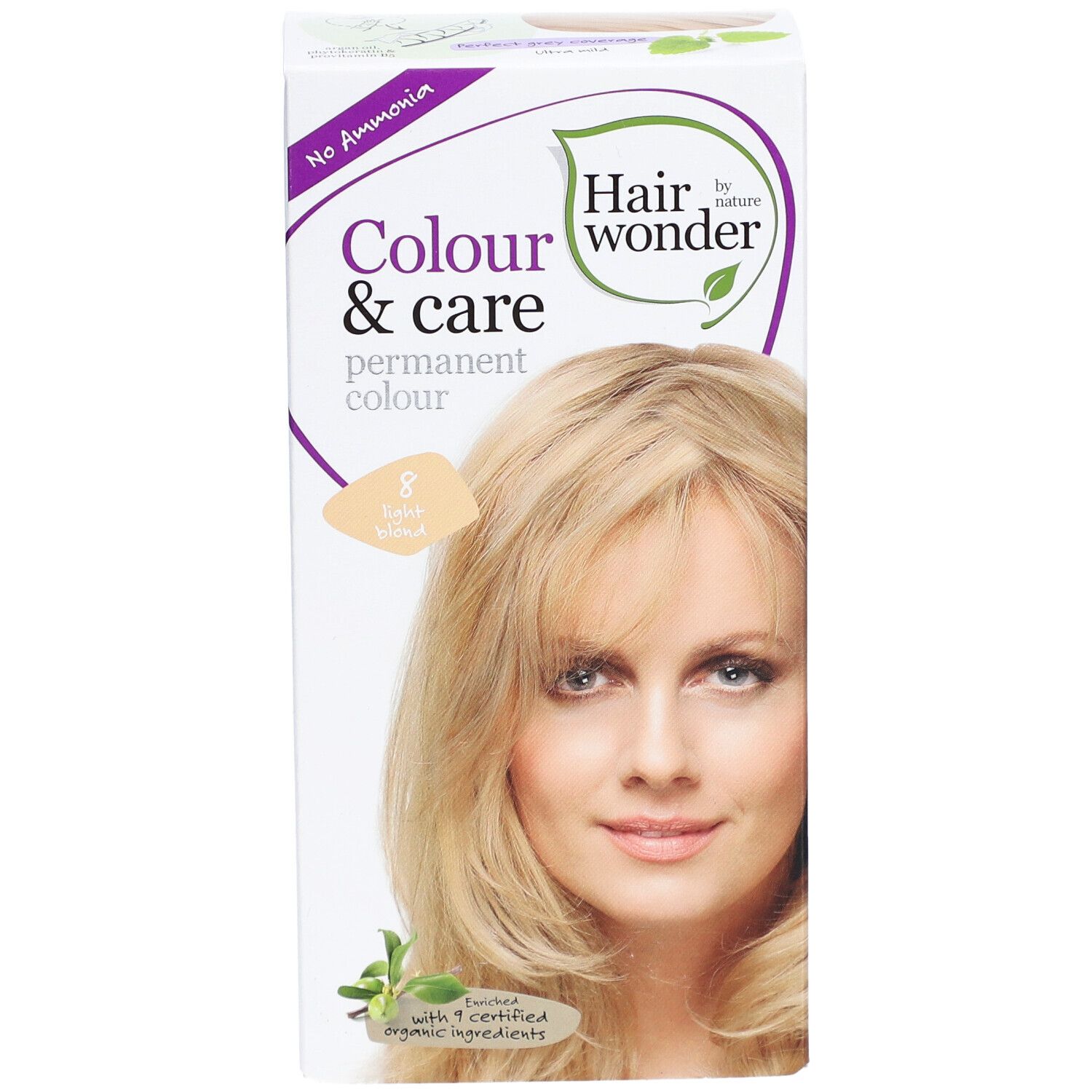 Haarfärbemittel-Verpackung. Aufdruck: Colour & Care, permanente Farbe, 8 hellblond. Abbildung einer Frau mit blondem Haar.
