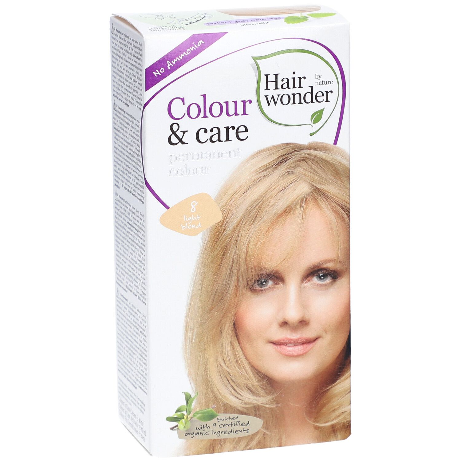 Haarfärbemittel-Verpackung. Aufdruck: Colour & Care, permanente Farbe, 8 hellblond. Abbildung einer Frau mit blondem Haar.