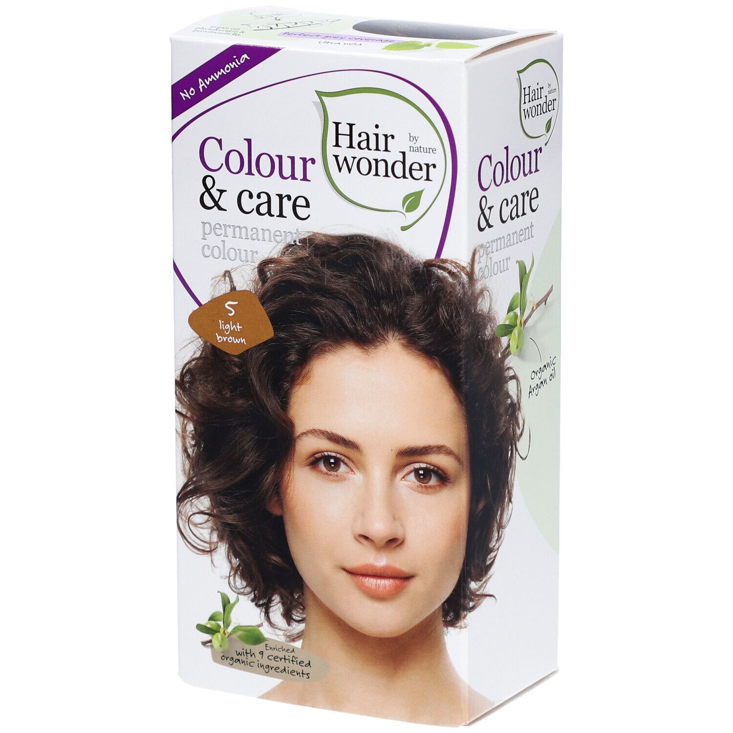 Boîte de coloration capillaire permanente. Inscription : Colour & care. Image d'une femme aux cheveux bruns. Teinte : 5 brun clair.