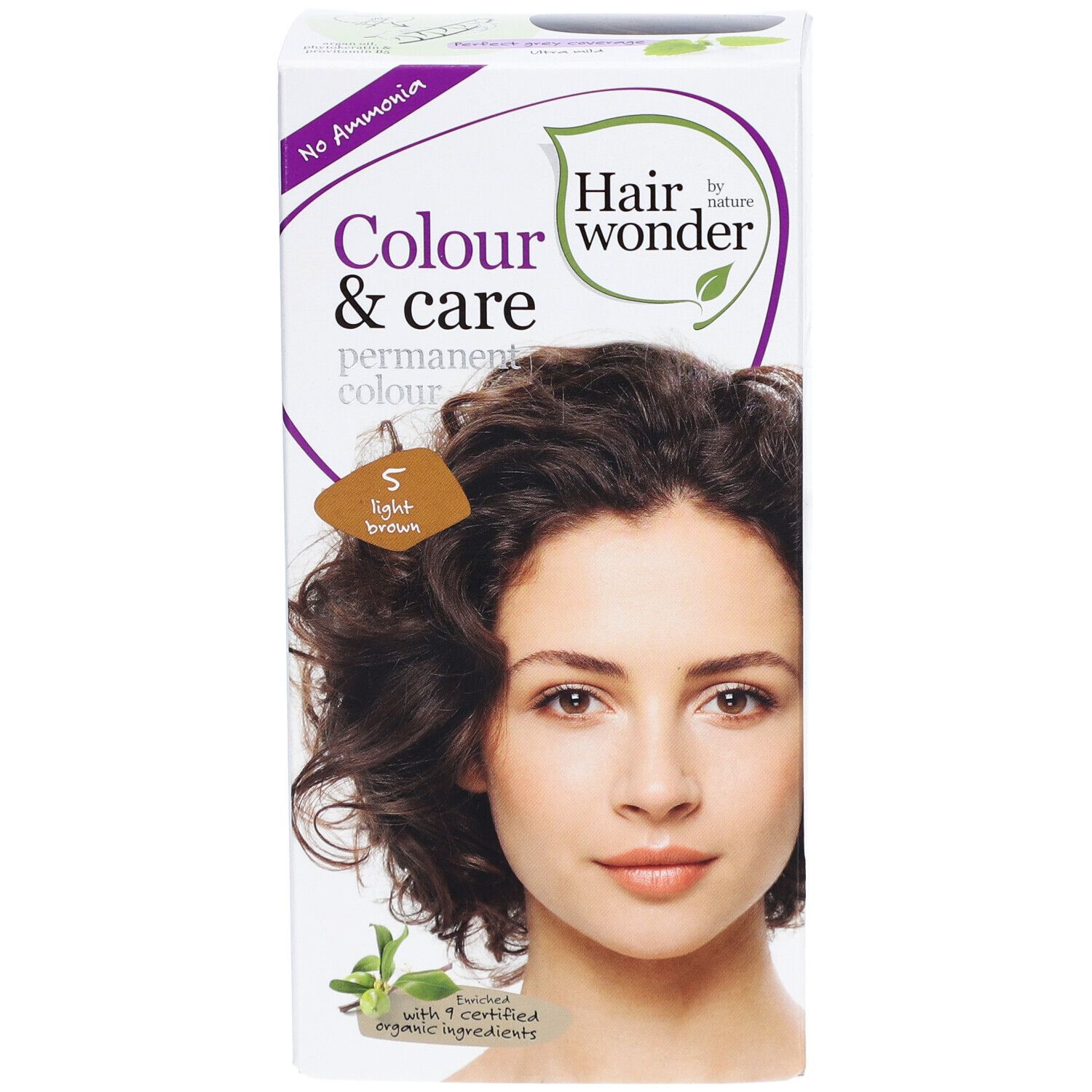 Boîte de coloration capillaire permanente. Inscription : Colour & care. Image d'une femme aux cheveux bruns. Teinte : 5 brun clair. Sans ammoniaque.