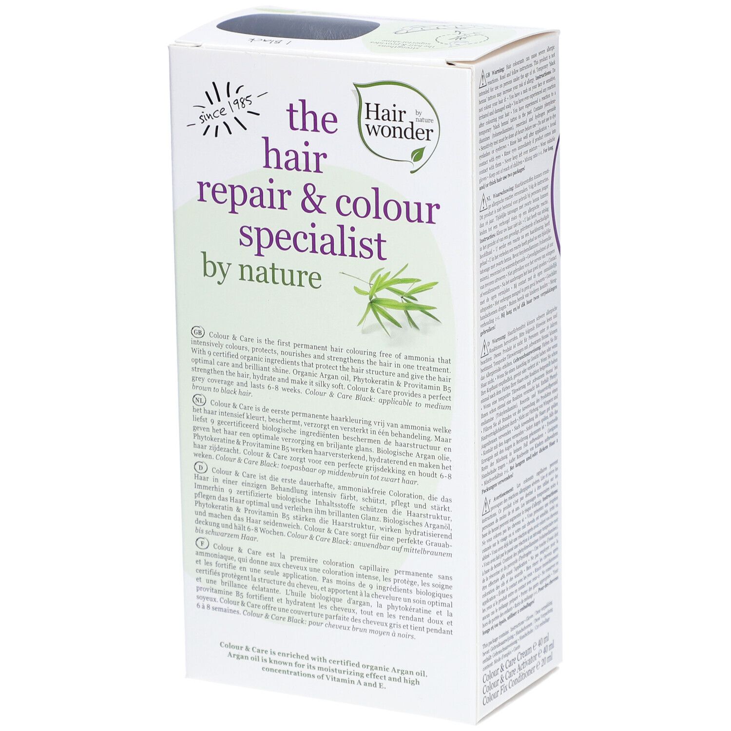 Dos de la boîte de coloration capillaire. Texte en plusieurs langues. Inscription : the hair repair & colour specialist by nature. Avec huile d'argan bio.