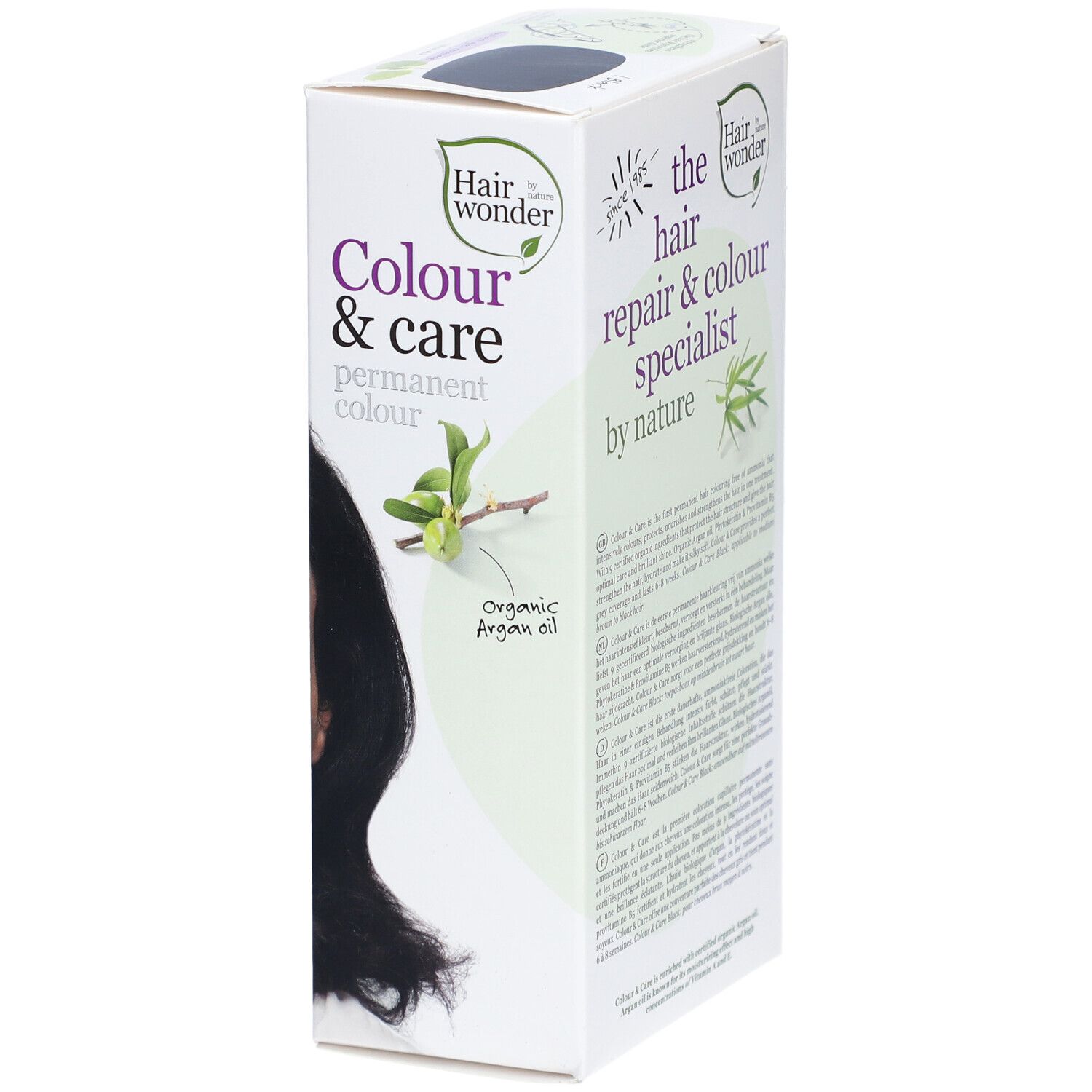 Vue latérale de la boîte de coloration capillaire. Inscription : Colour & care permanent colour. Avec huile d'argan bio. Texte en plusieurs langues.