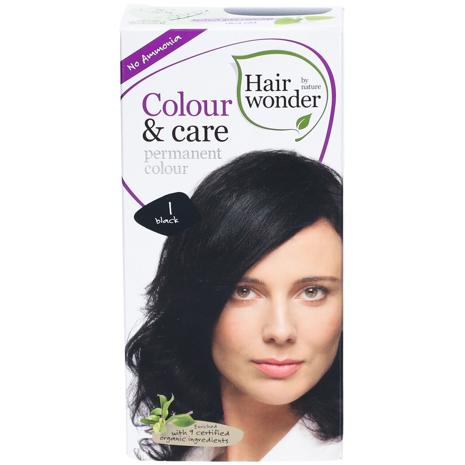 Boîte de coloration capillaire avec femme aux cheveux noirs. Inscription : Colour & care permanent colour, 1 black. Sans ammoniaque. 9 ingrédients certifiés.