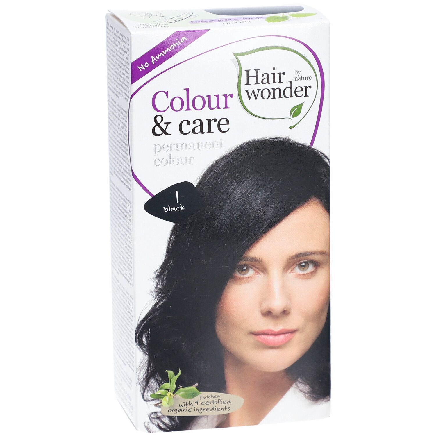 Boîte de coloration capillaire avec femme aux cheveux noirs. Inscription : Colour & care permanent colour, 1 black. Sans ammoniaque. 9 ingrédients certifiés.
