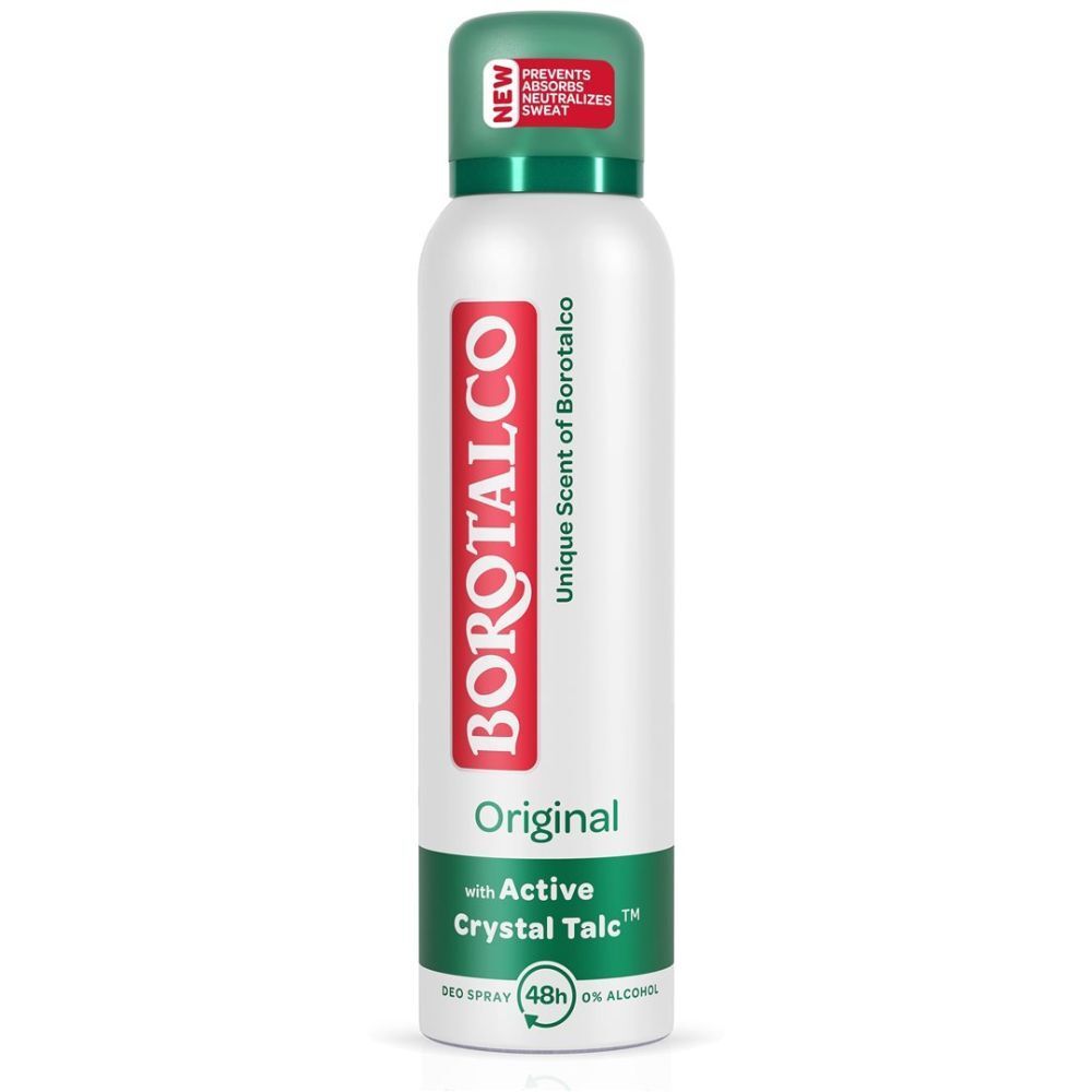 BOROTALCO Original Spray. Weiße Dose mit grünem Deckel. Roter Schriftzug BOROTALCO. Text: Active Crystal Talc, 48h, ohne Alkohol.