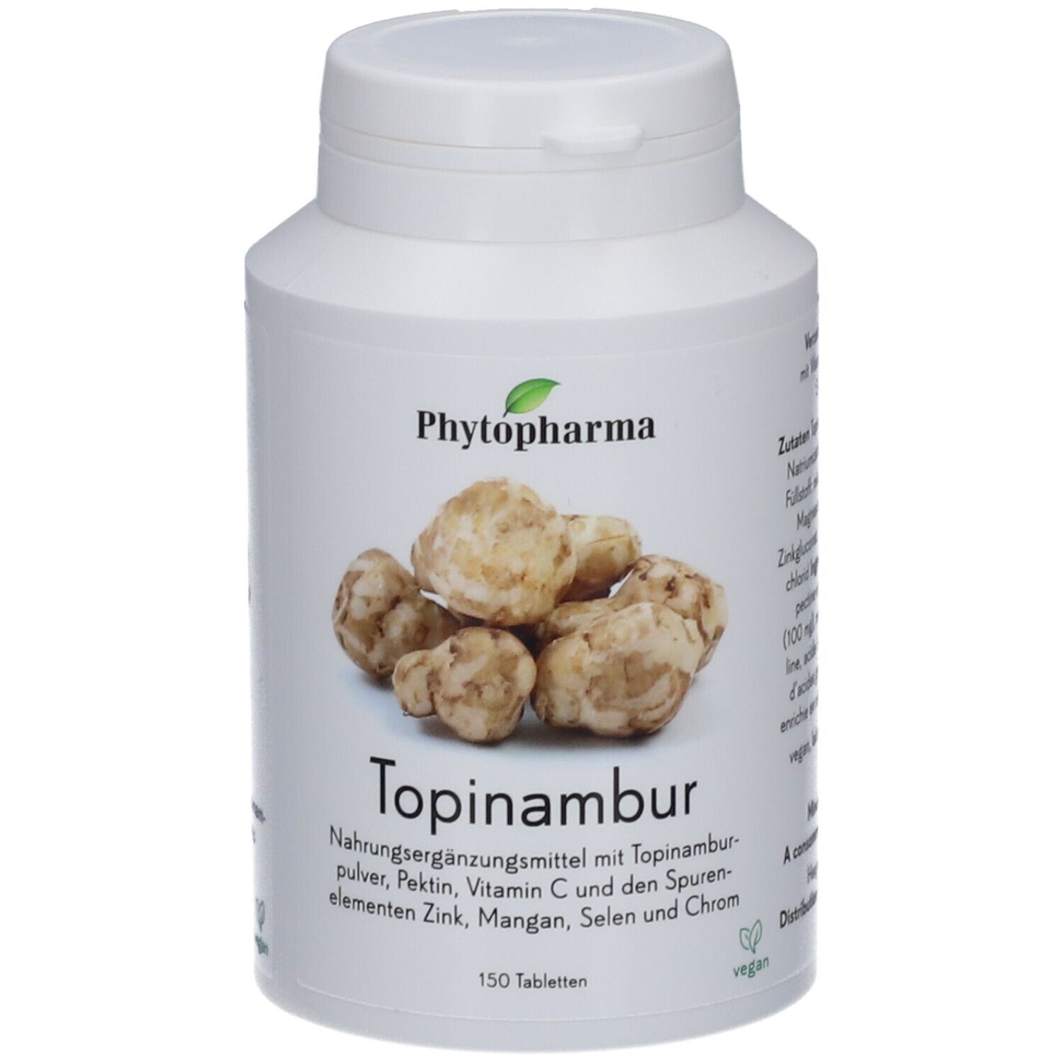 Weiße Flasche mit Topinambur-Tabletten. Aufschrift: Phytopharma, Topinambur, 150 Tabletten. Vegan-Siegel.