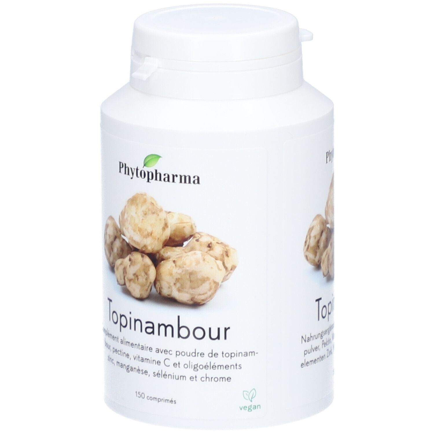 Weiße Flasche mit Topinambur-Tabletten. Aufschrift: Phytopharma, Topinambur, 150 Tabletten. Vegan-Siegel.