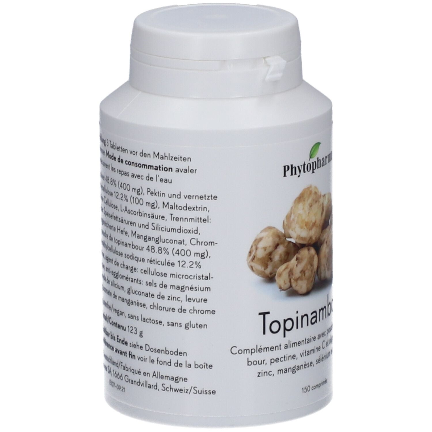 Weiße Flasche mit Topinambur-Tabletten. Aufschrift: Phytopharma, Topinambur, 150 Tabletten. Vegan-Siegel.