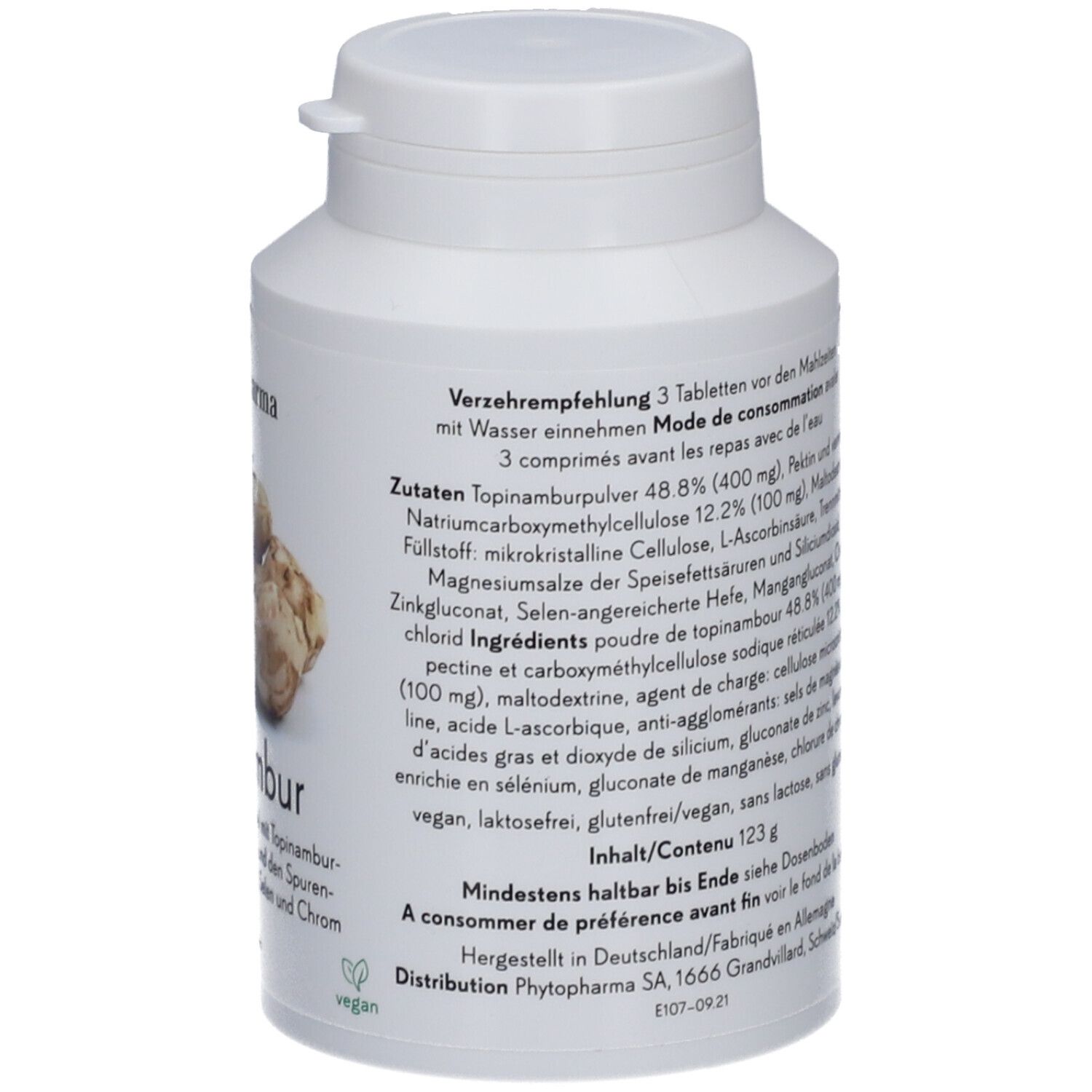 Weiße Flasche mit Topinambur-Tabletten. Aufschrift: Phytopharma, Topinambur, 150 Tabletten. Vegan-Siegel.