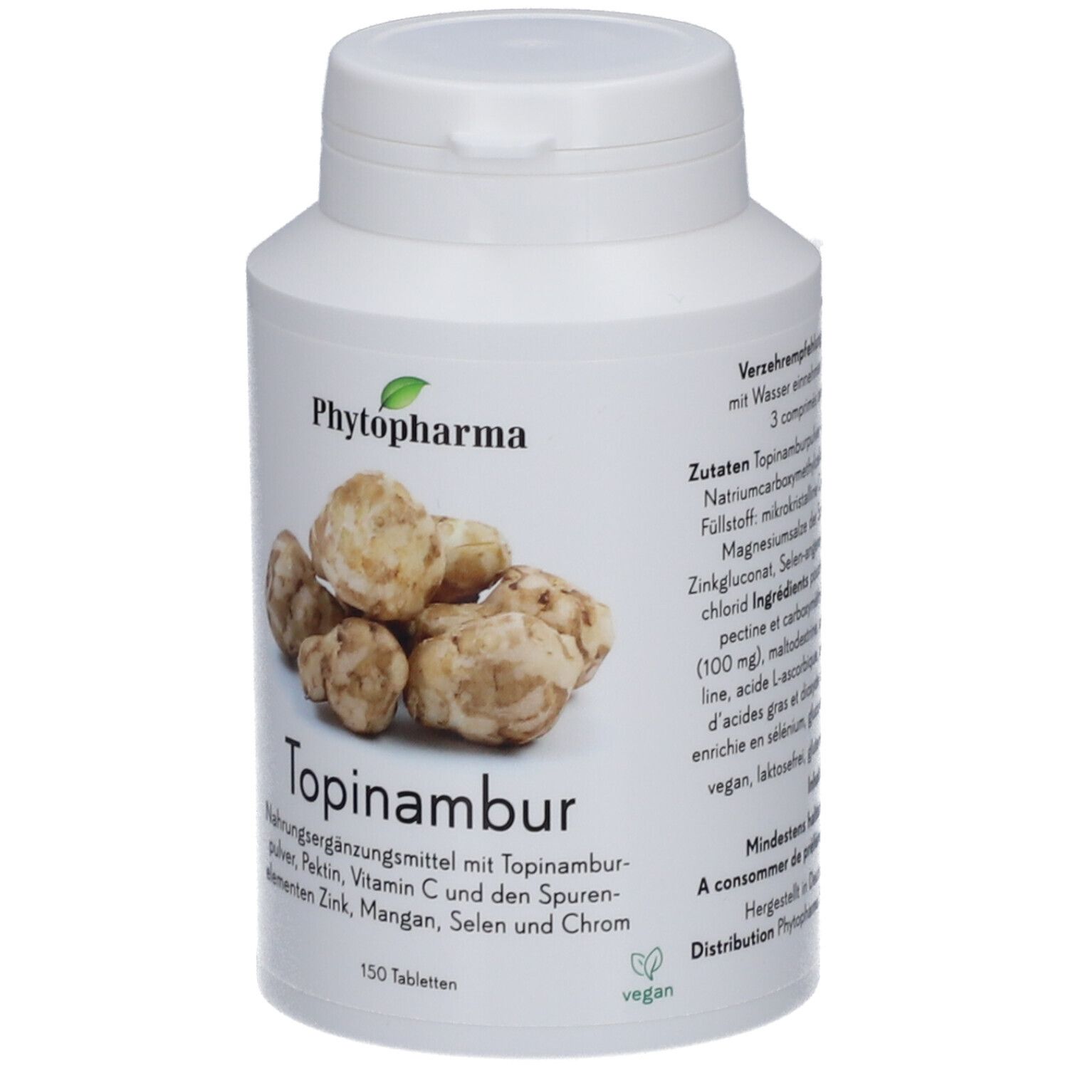 Weiße Flasche mit Topinambur-Tabletten. Aufschrift: Phytopharma, Topinambur, 150 Tabletten. Vegan-Siegel.