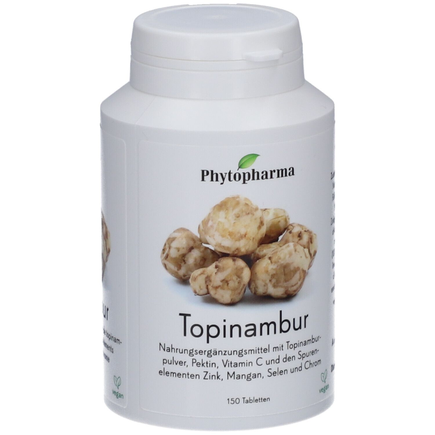 Weiße Flasche mit Topinambur-Tabletten. Aufschrift: Phytopharma, Topinambur, 150 Tabletten. Vegan-Siegel.