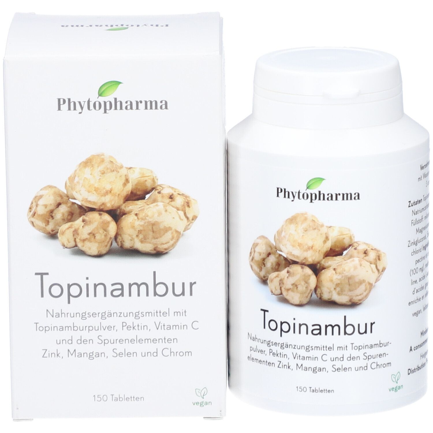 Produktpackung und Flasche mit Topinambur-Tabletten. Aufschrift: Phytopharma, Topinambur, 150 Tabletten. Vegan-Siegel.
