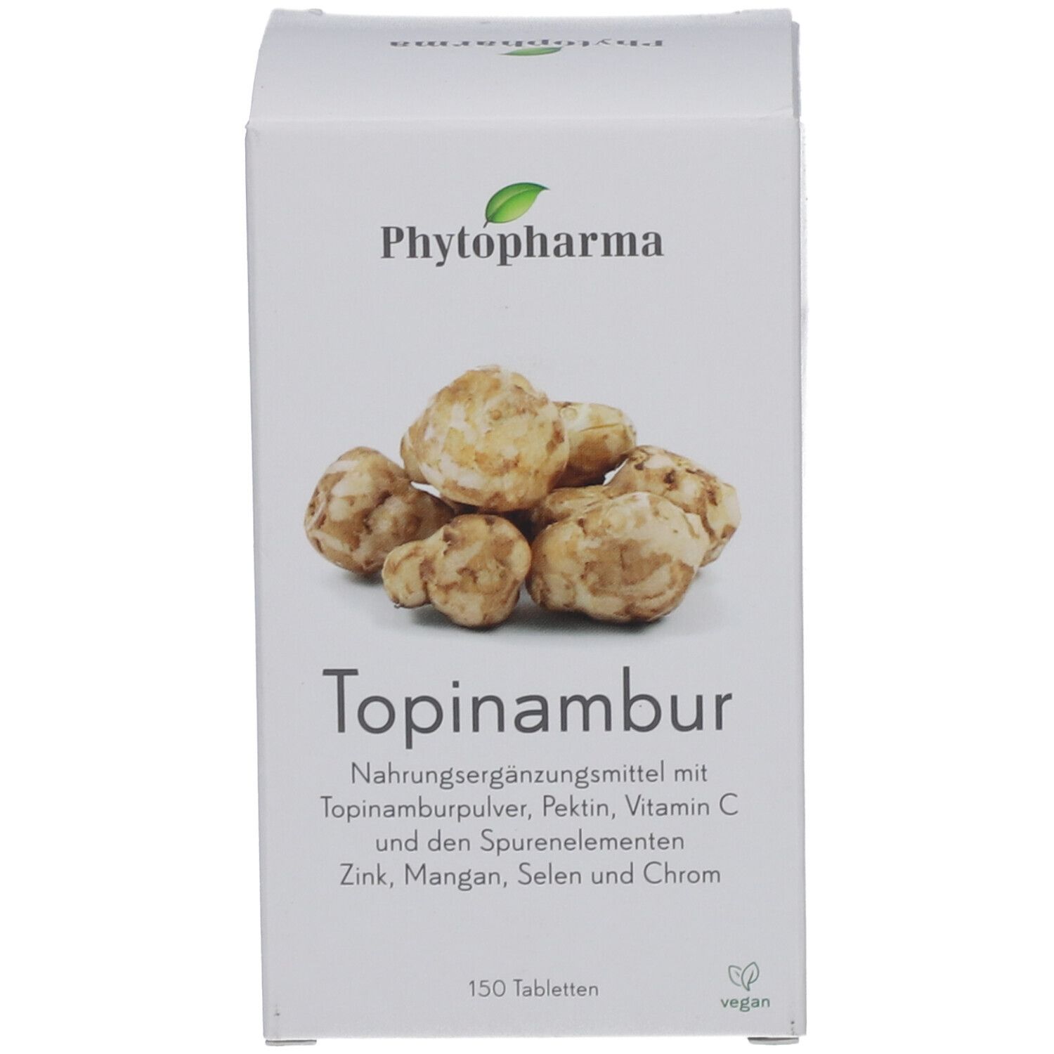 Produktverpackung mit Topinambur-Tabletten. Aufschrift: Phytopharma, Topinambur, 150 Tabletten. Vegan-Siegel.