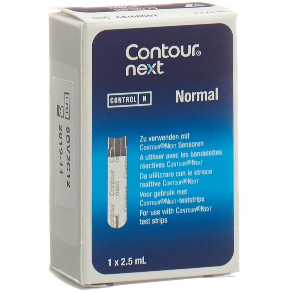 Verpackung von Contour Next Normal. Blaue und weiße Schachtel mit Produktnamen und Text in mehreren Sprachen. Enthält Teststreifen.