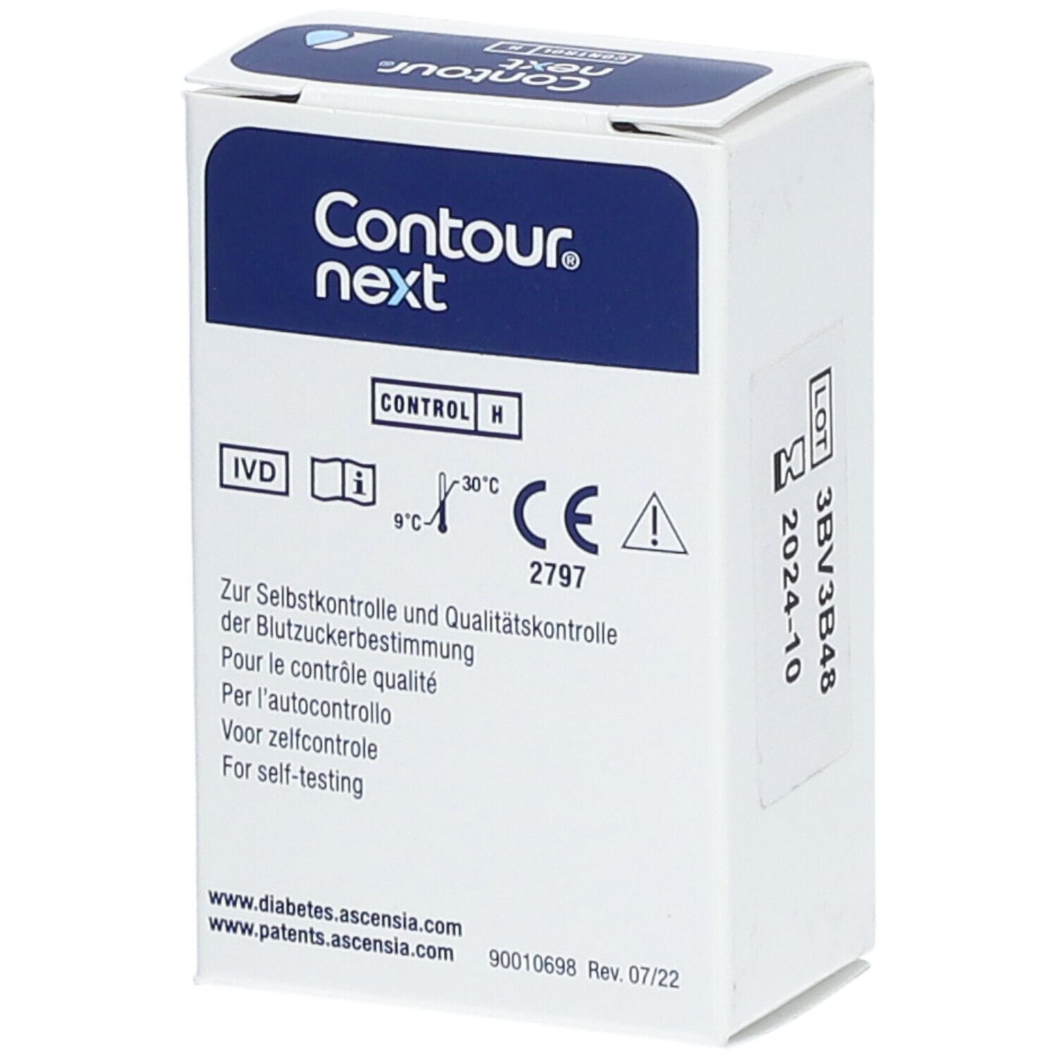 Boîte blanche "Contour next". Texte : "CONTROL H", marquage CE, indications de température et mode d'emploi.