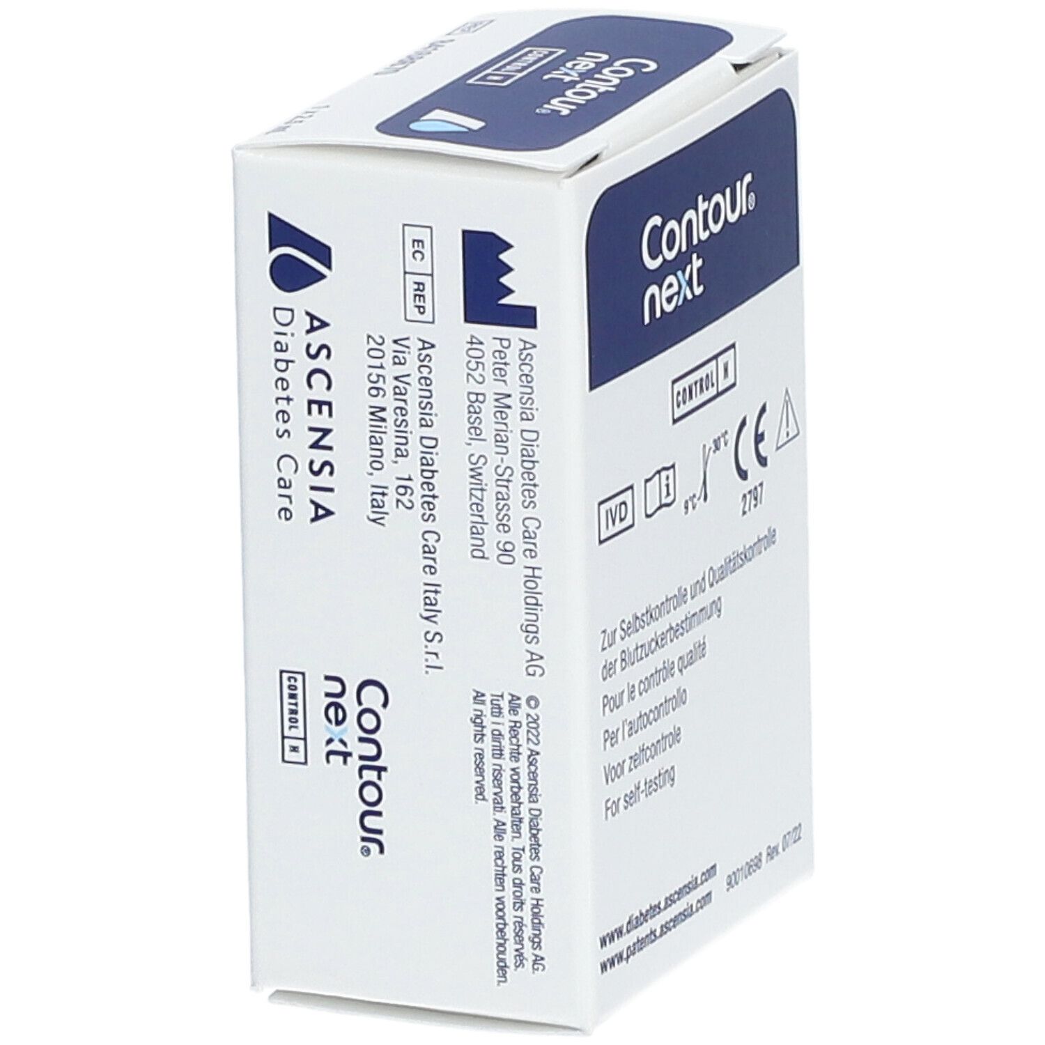 Boîte blanche "Contour next". Logo Ascensia Diabetes Care. Texte : "CONTROL H", et mode d'emploi.