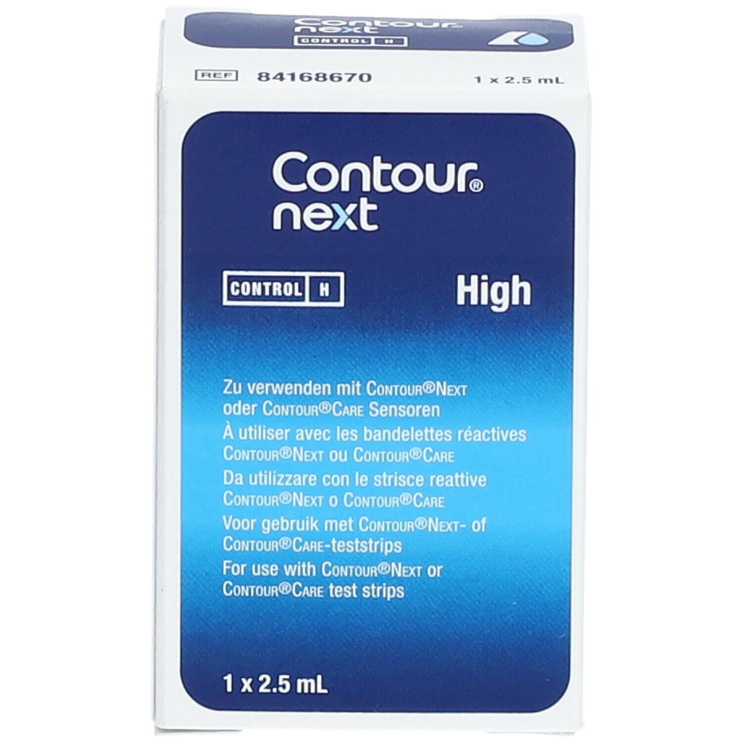 Boîte "Contour next". Bleu et blanc. Texte : "CONTROL H", "High", et instructions d'utilisation. Contient 1x2.5 ml.