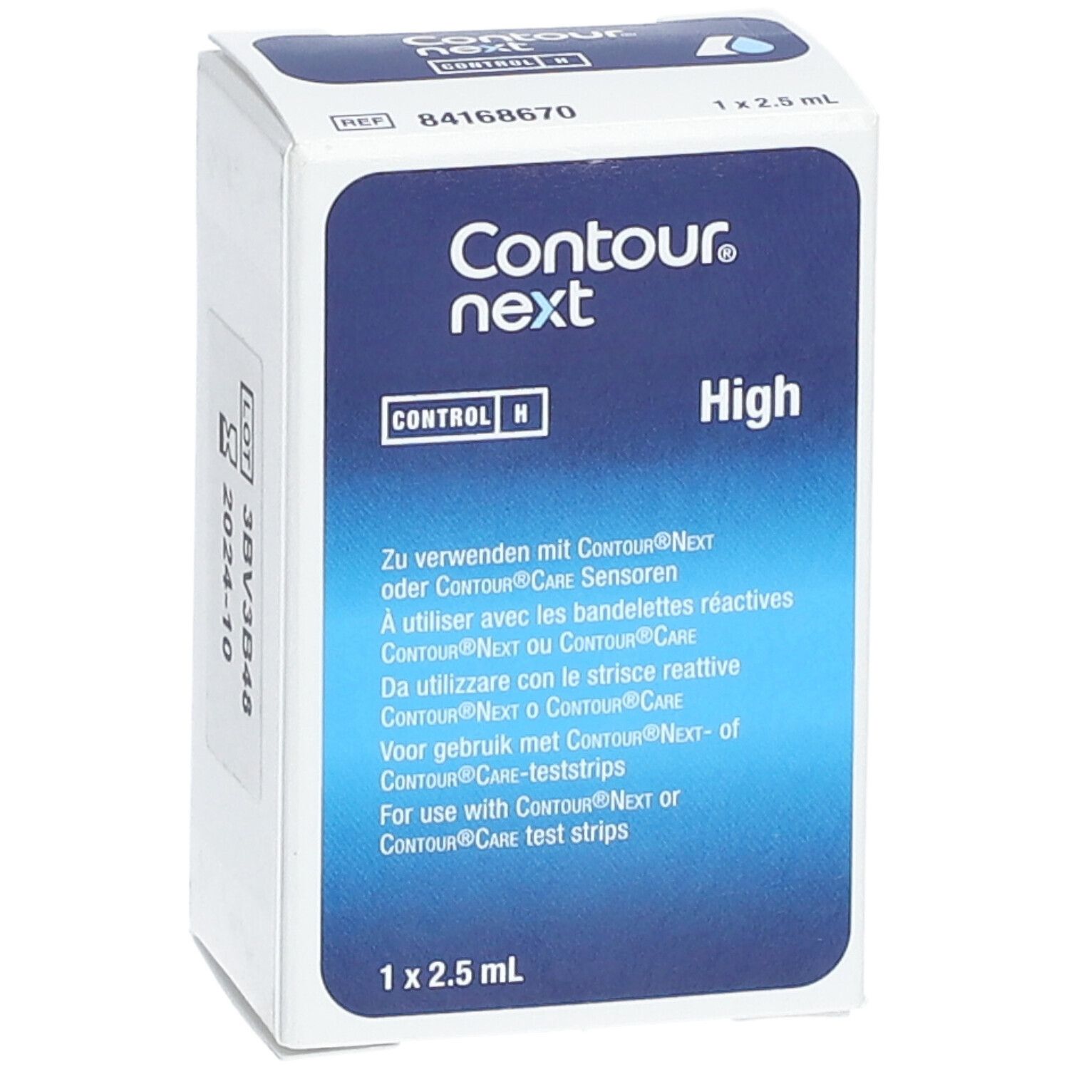 Boîte "Contour next". Bleu et blanc. Texte : "CONTROL H", "High", et instructions d'utilisation. Contient 1x2.5 ml.